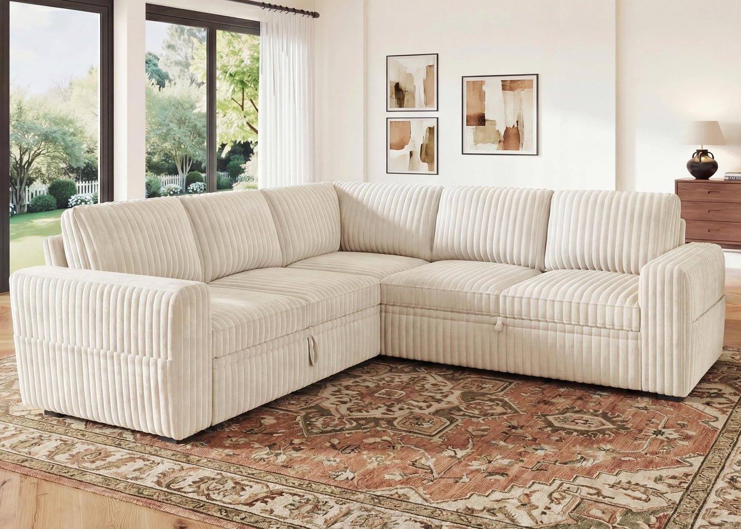 HONBAY Modular Sectional Sleeper Sofa with Pull Out Bed,Corduroy L Shaped Couch with Storage, Sectional Couches for Living Room,Beige
