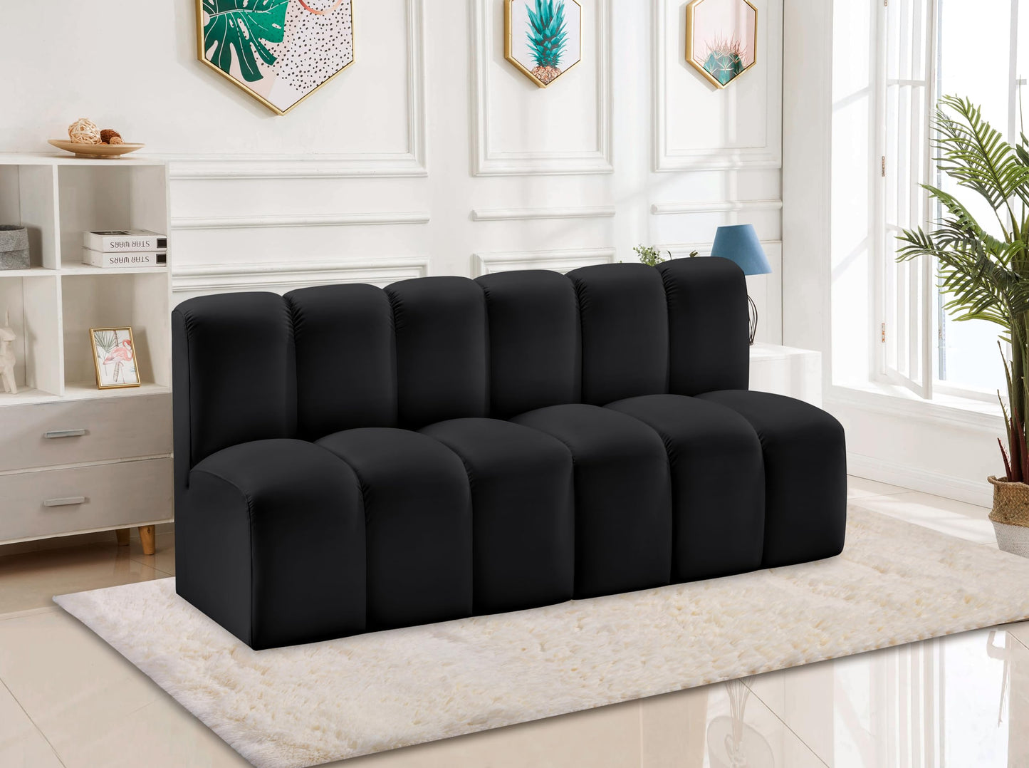 Meridian Furniture 101Black-S2A Arc Collection Modern | Contemporary Modular Sofa with Soft Black Vegan Leather, Deep Channel Tufting, Modular Design, 60" W x 31" D x 30" H, Black
