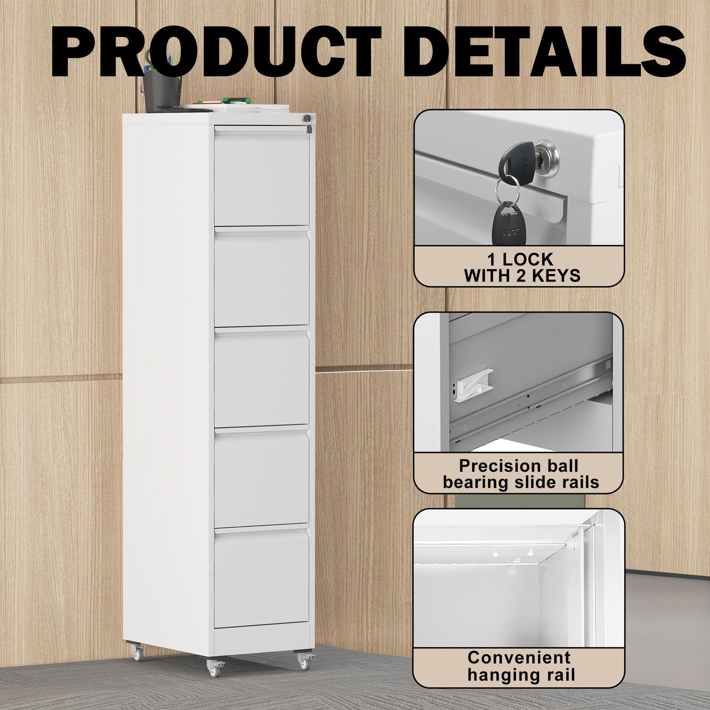 FOSTOKO 5 Drawers Filing Cabient with Wheel, File Cabinet with Lock, Steel Vertical Filing Storage Cabinet for Office, Heavy-Duty File Cabinets for Letters/Legal/A4 (Require Assembly, White)