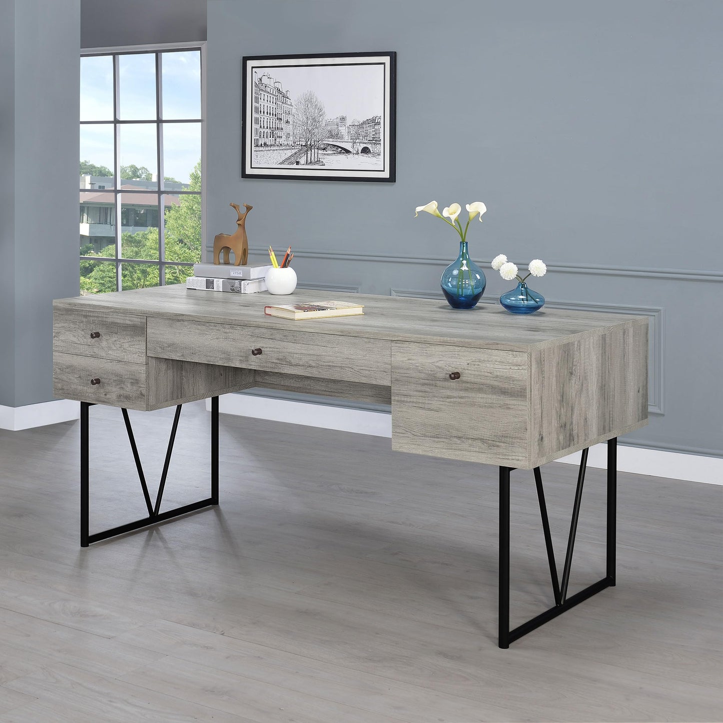 Coaster Home Furnishings Analiese Rustic 63-Inch 4-Drawer Home Office Computer Writing Desk Study Table with Storage Engineered Eco-Friendly Wood Look Laminate Sturdy Steel Grey Driftwood 801999