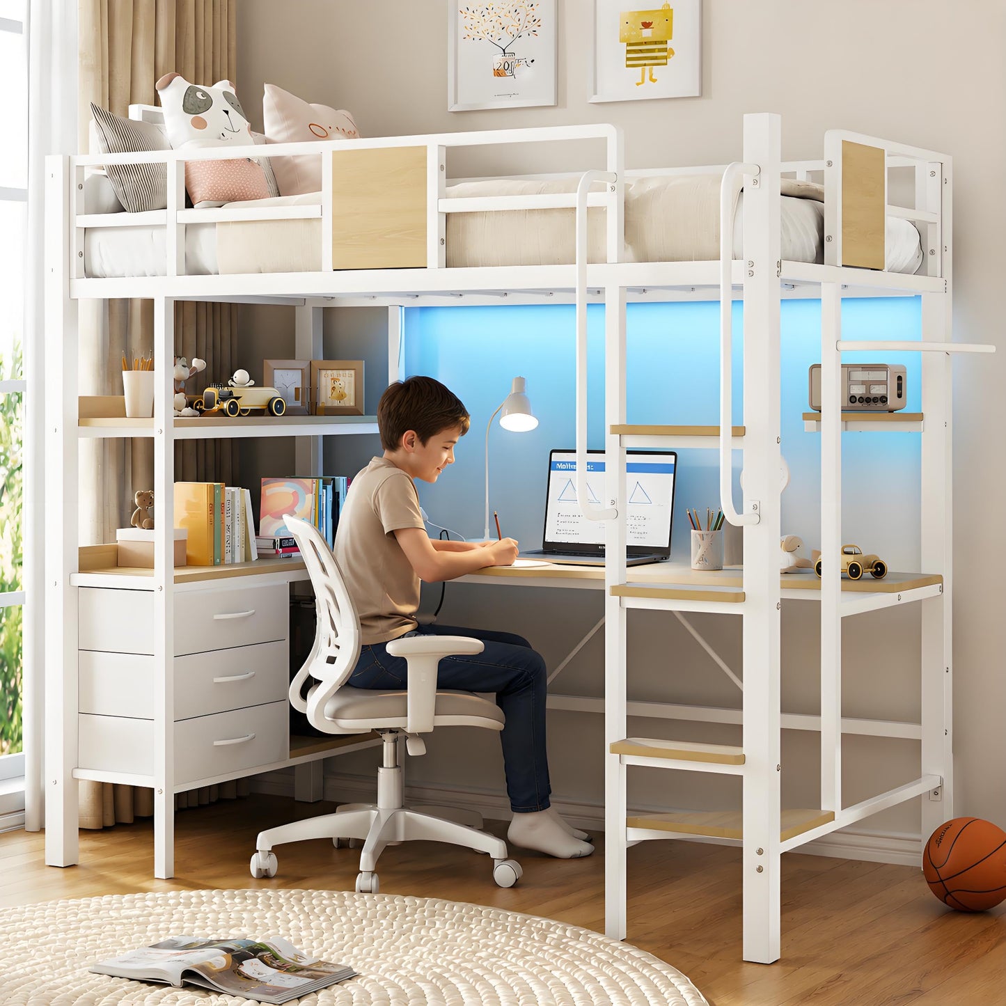 GarveeLife Twin Size Loft Bed Frame with Desk and Storage Shelves, Metal Loft Bed with Ladder and Full-Length Guardrails, Space Saving Kids Bed with Built-in Workstation for Bedroom, White