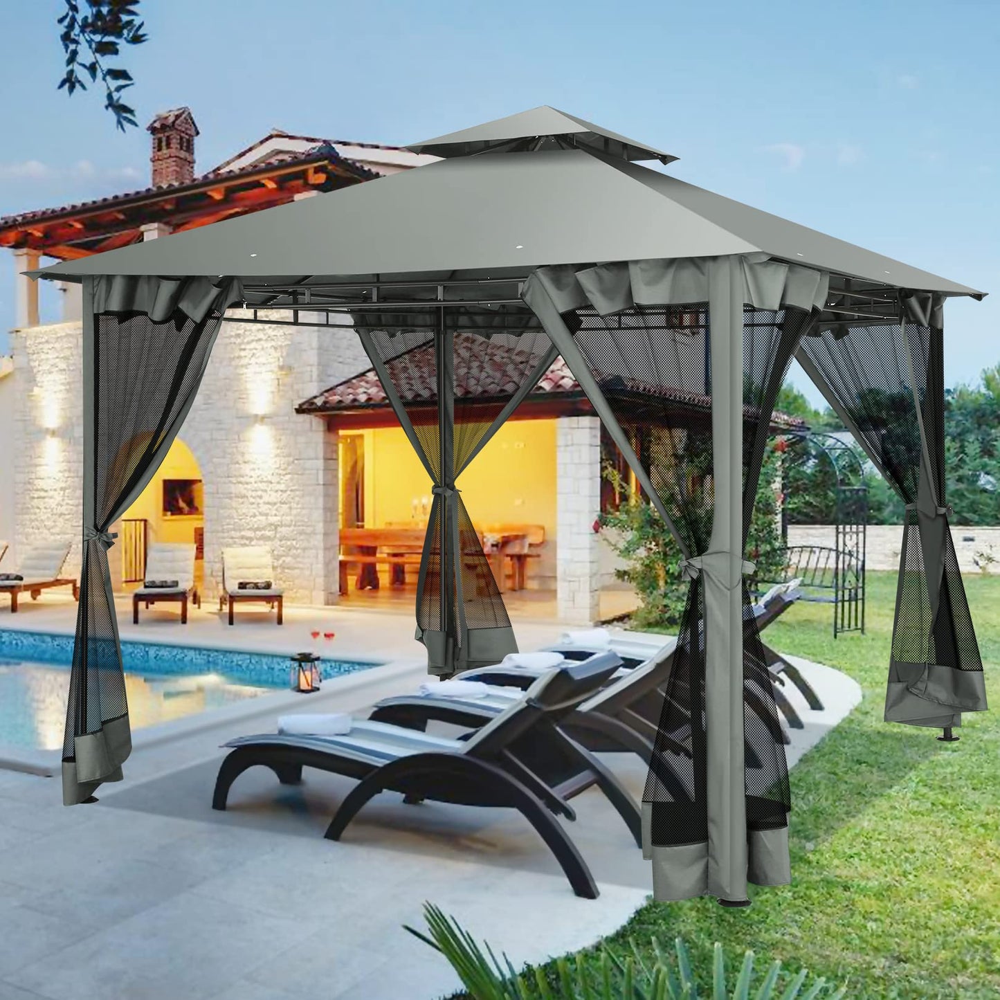 HOTEEL Outdoor Gazebo 10x10 FT Gazebos on Clearance with Netting, Waterproof Canopy Tent with Heavy Duty Party Tent Steel Frame, High Wind-Resistant Shelter for Backyard, Deck & Garden Windproof Gray
