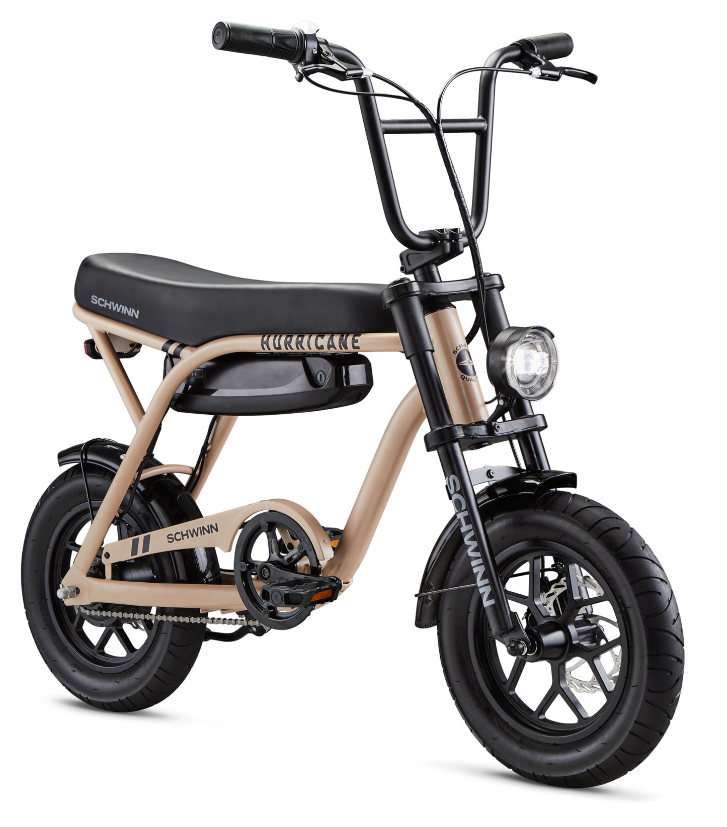 Schwinn Hurricane Compact Electric Bike, 30 Mile Range, 400W Peak Motor, Mechanical Disc Brakes, Ages 13+, 14" Wheels, Tan