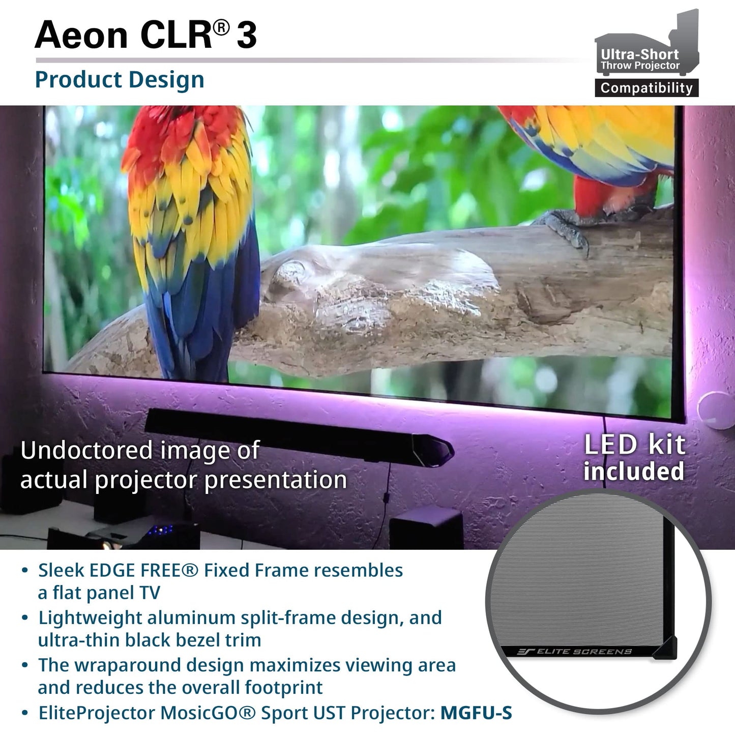 Elite Screens Aeon CLR3 123" UST ALR Projector Screen, 16:9 4K Ultra HD, 90% Ceiling Light Rejecting, Edge-Free Fixed Frame, Grey Screen for Indoor Home Theater & Movies – AR123H-CLR3