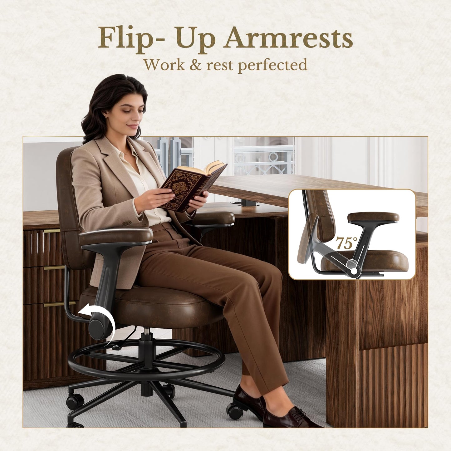 Perledesign Drafting Executive Chair, Tall Office Chair with Padded Flip-Up Armrests, Mid-Back Cushioned Seat, 360° Swivel Rolling Computer Desk Chair for Standing Desk & Home Office, Vintage Brown