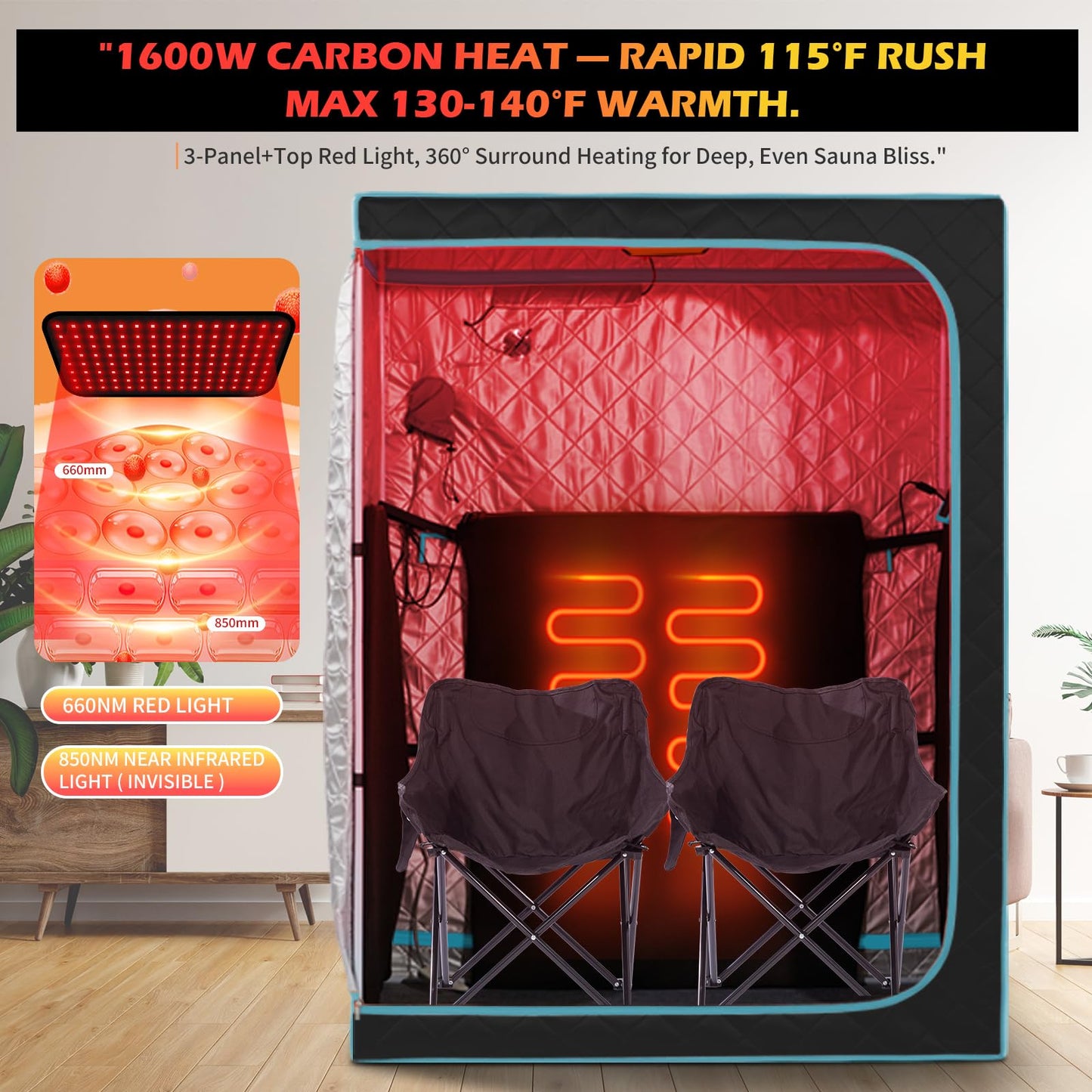 ZONEMEL 2-Person Portable Full Spectrum Infrared Large Sauna with Remote, 1600W Heating, 3 Carbon Panels, Red Light Therapy & 2 Chairs, Dry Heat, Home Spa Tent for Relaxation (47.2"x35.4"x63")