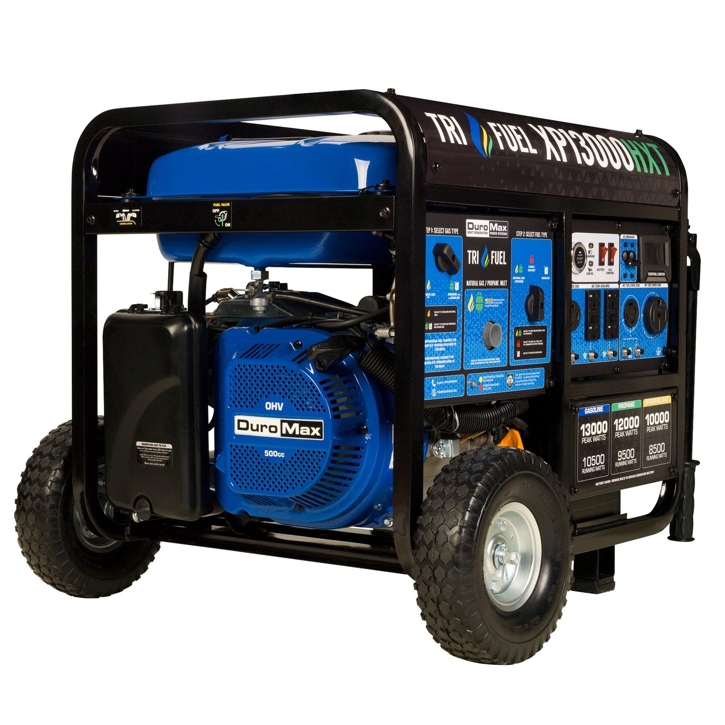 DuroMax XP13000HXT 13,000-Watt 500cc Tri Fuel Gas Propane Natural Gas Portable Generator with CO Alert, Black/Blue