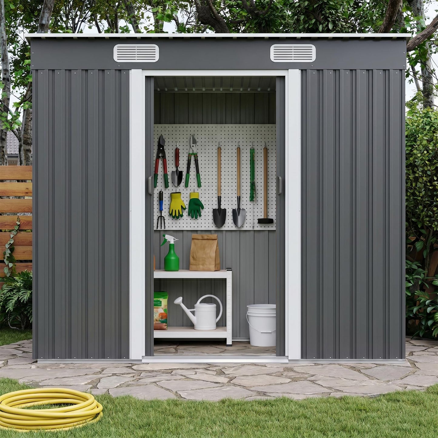 4x8 Metal Storage Shed Outdoor Steel Garden Tool Shed Metal shed with Sliding Door for Backyard, Lawn, Patio Yard, Grey