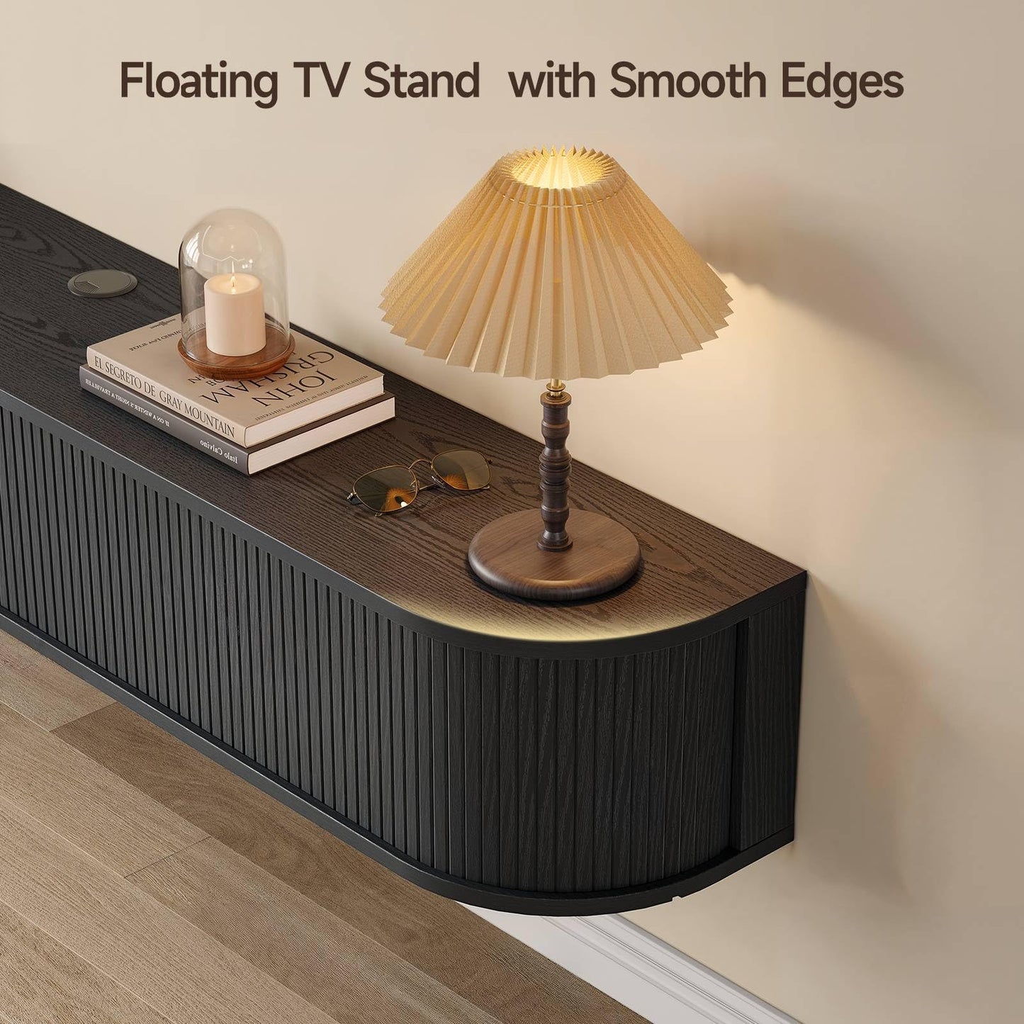 63" Floating TV Stand with Power Outlet for TVs up to 75", Fluted Entertainment Center with Remote Control for LED Lights, Mid-Century Modern TV Console w/Sliding Door for Living Room, Bedroom Black