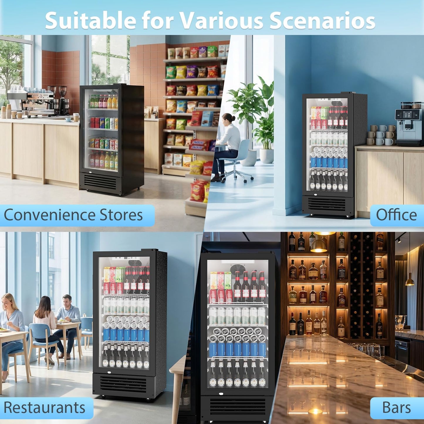 COWSAR Beverage Refrigerator Cooler, Freestanding 145 Can Beverage Refrigerator with Smart Temperature Control，6 CU FT Quiet Fridge with Lightbox for Bar, Office, Restaurant or Home, Black