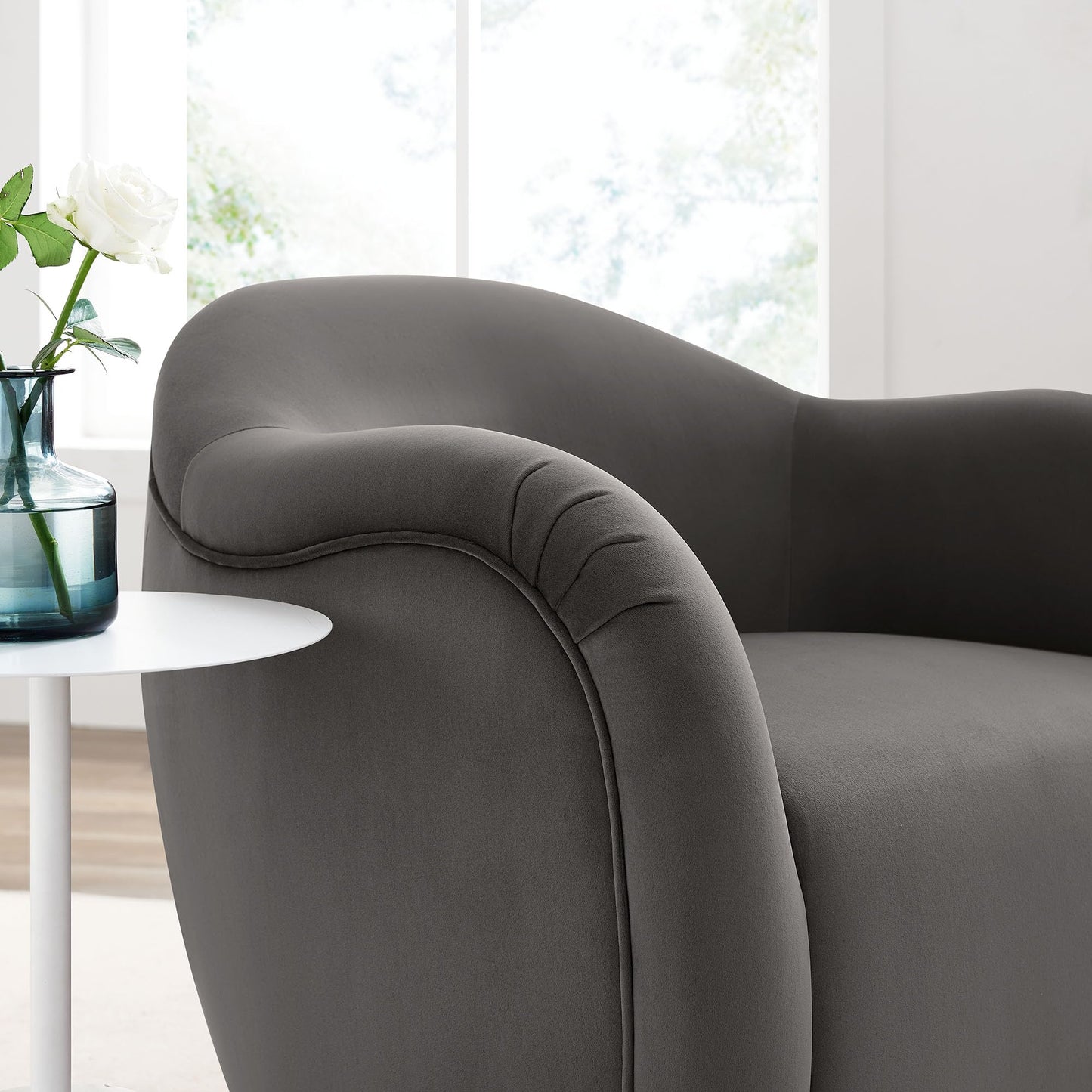 Modway Compose Performance Velvet Swivel Armchair in Storm Gray - Barrel Accent Chair - Comfy Round Single Sofa Chair with 360° Rotation - Modern Upholstered Club Chair for Living Room, Bedroom