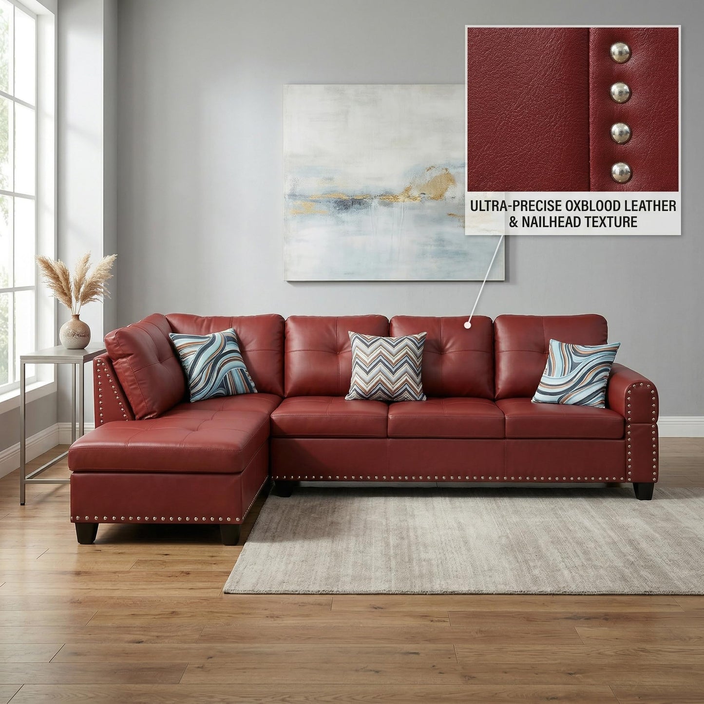 Trygoal L-Shaped Sectional Sofa, Modern 4-Seat Couch with Built-in Cup Holders, Leather Sectional Couch with Left Facing Chaise for Living Room, Apartment, Office, Red