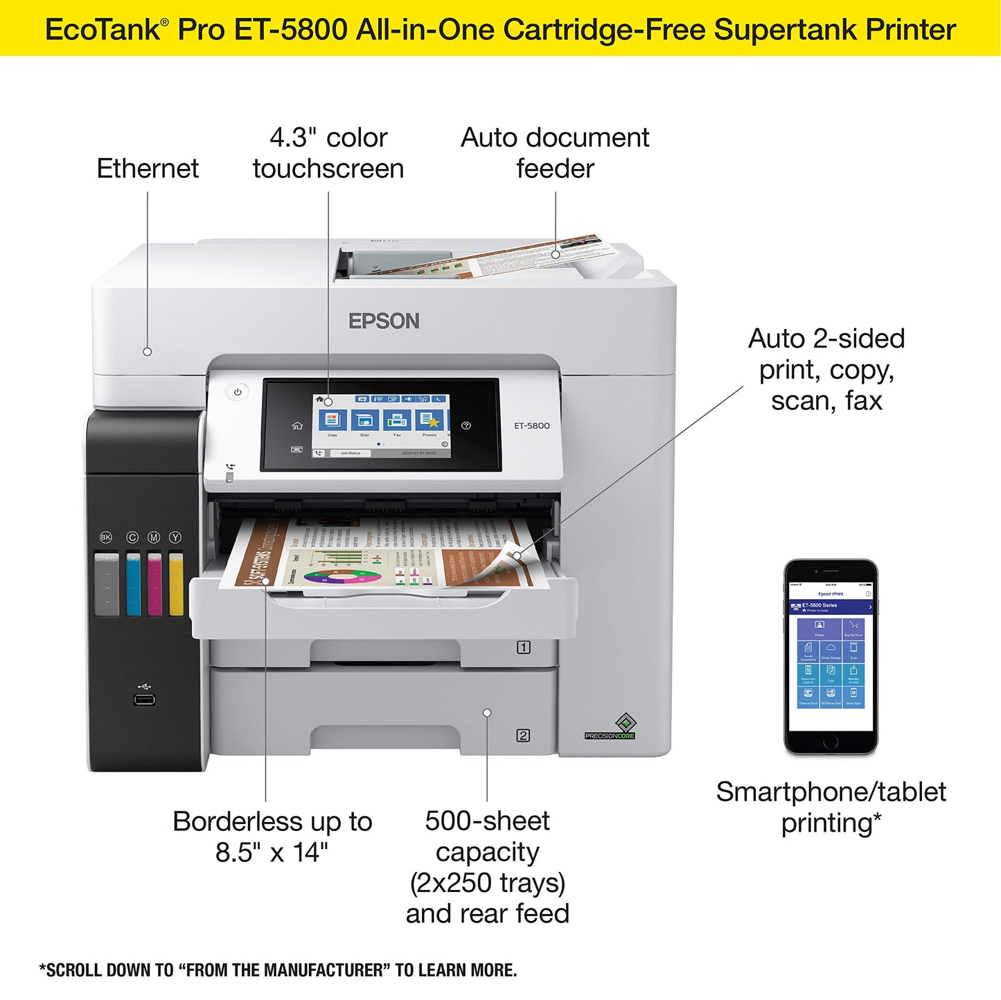 Epson EcoTank Pro ET-5800 Wireless Color All-in-One Supertank Printer with Scanner, Copier, Fax and Ethernet, White