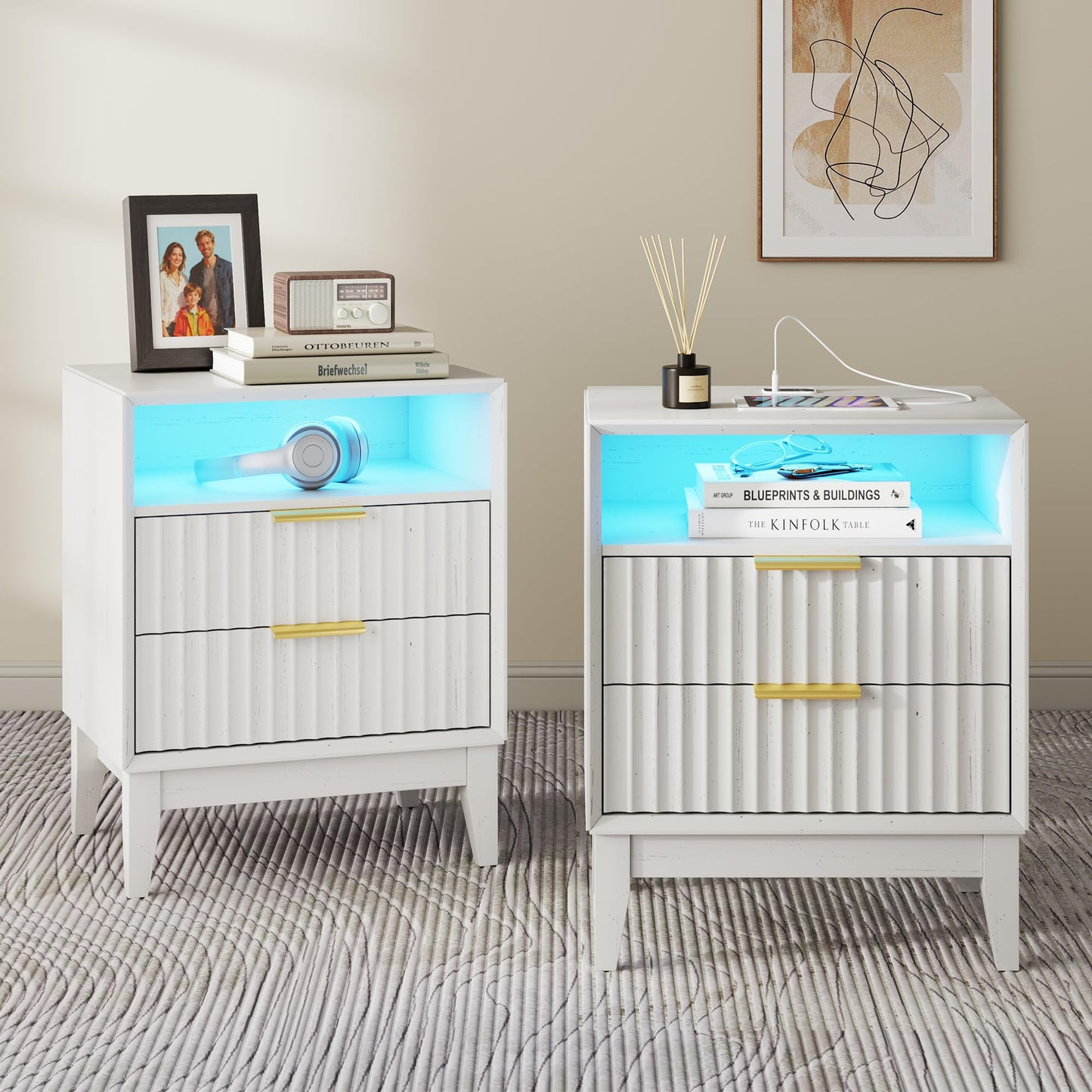 LVSOMT 20'W Fluted Nightstand Set of 2, Night Stand with Charging Station and LED Lights, RFID Lock Hidden Drawer, Mid Century Morden Bedside Table for Bedroom, 2 Drawers and Open Storage Cubby, White