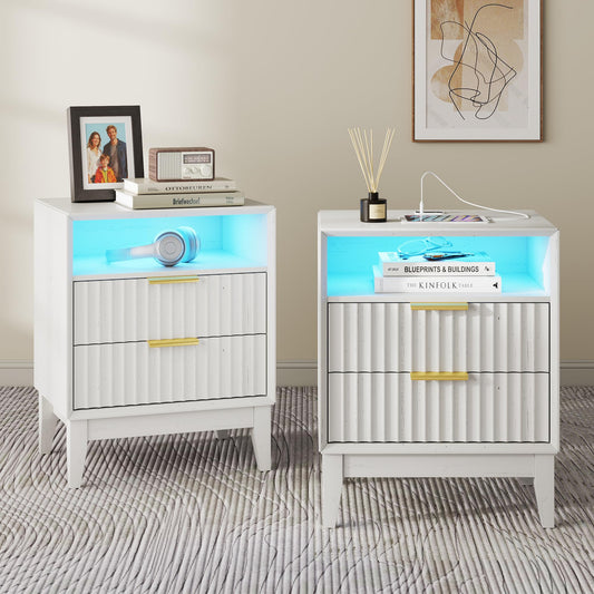 LVSOMT 20'W Fluted Nightstand Set of 2, Night Stand with Charging Station and LED Lights, RFID Lock Hidden Drawer, Mid Century Morden Bedside Table for Bedroom, 2 Drawers and Open Storage Cubby, White
