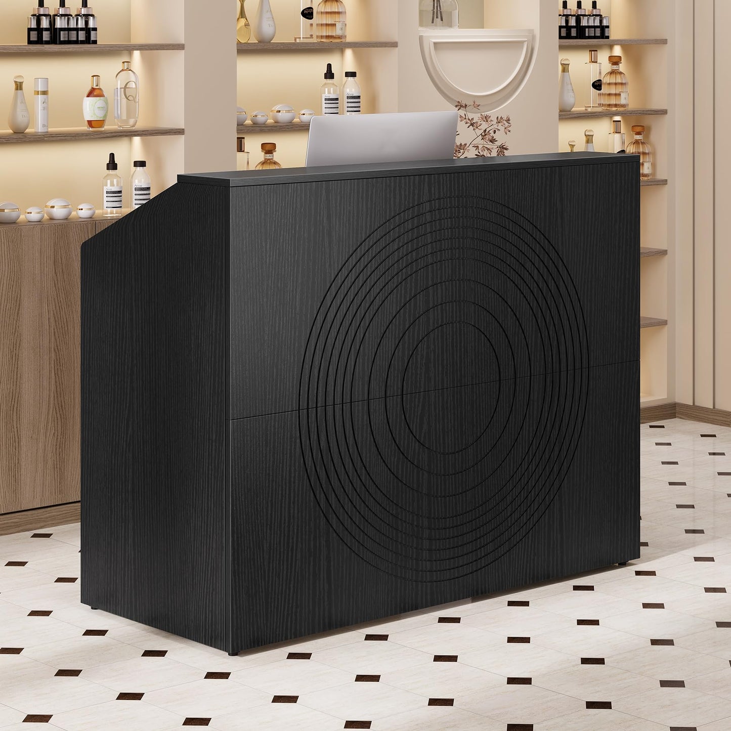 LITTLE TREE 47-Inch Reception Desk with Counter, Black Front Desk Reception Room Table, Retail Counter for Checkout, Modern Welcome Desk for Lobby, Office, Beauty Salon