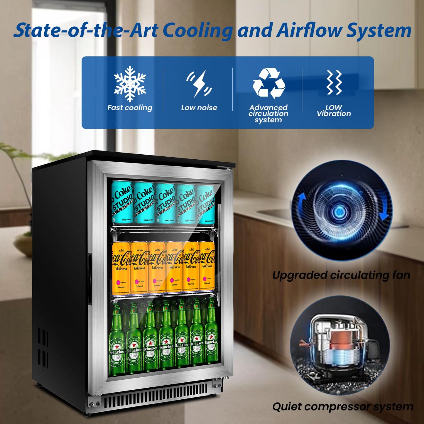 Advanics 20 Inch Beverage Refrigerator Cooler,Under Counter Drink Fridge with Glass Door, Built-in or Freestanding, Quiet Compressor Cooling, 120 Can Capacity for Beer and Soda