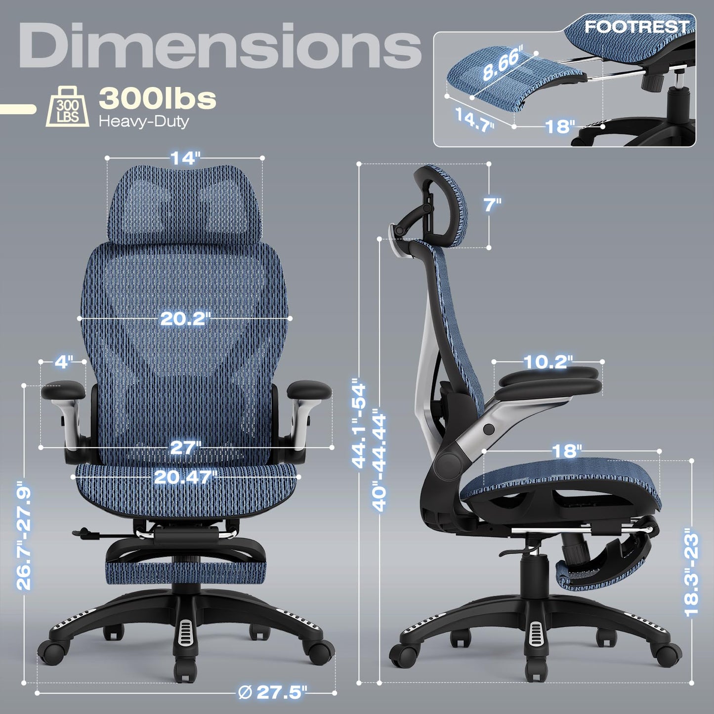 ELABEST X100 Ergonomic Office Chair with Footrest, Big and Tall Home Desk Chair with 5D Flip-Up Arms, Adjustable 3D Lumbar Support,High Back Rolling Computer Chair, Swivel Mesh Chairs (Oaxaca Blue)