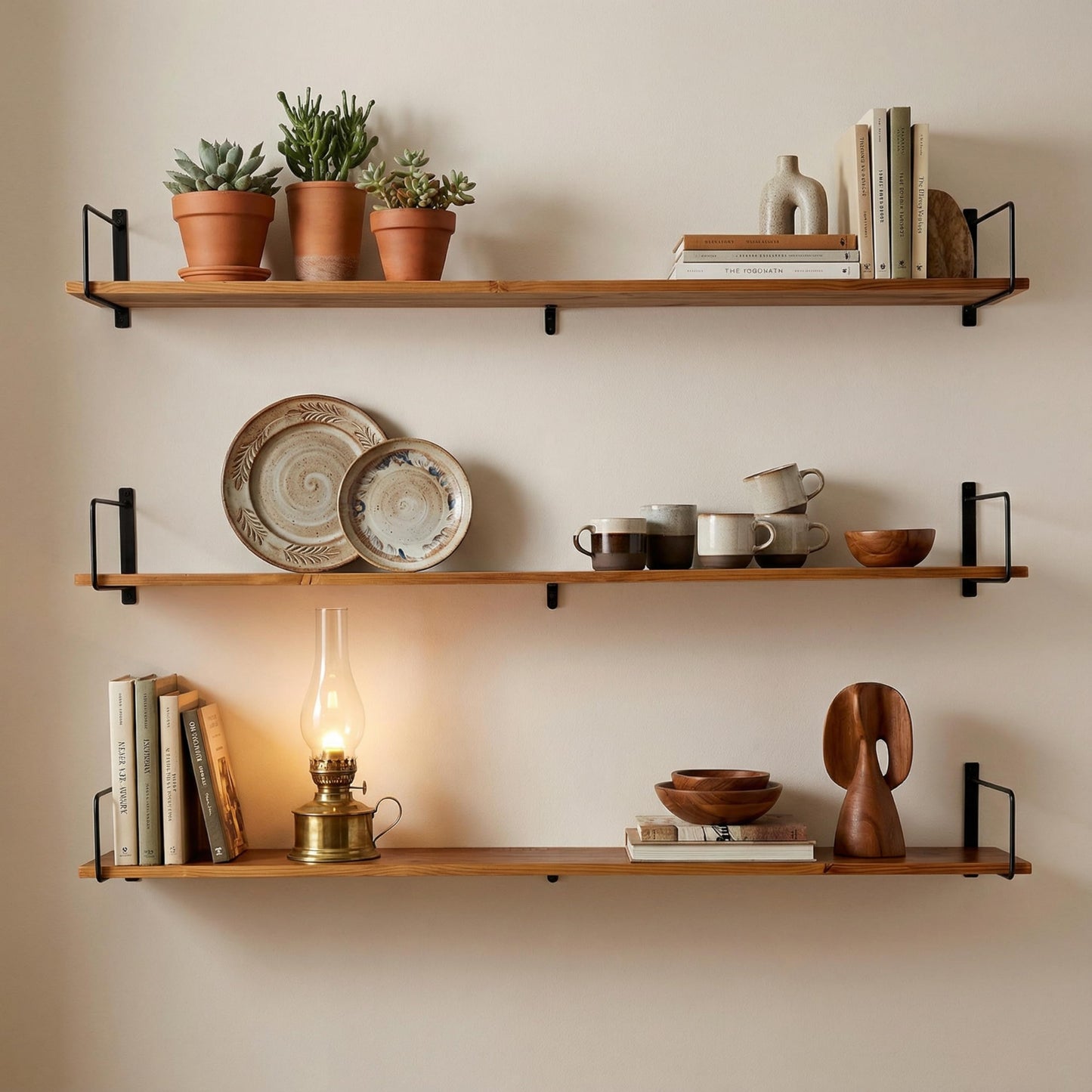 Teneyu Solid Wood Floating Shelves for Wall with Metal Brackets,3 Tier Pinewood Wall Shelf,Suitable for Multiple Places Such As Bedrooms,Kitchens,and Living Rooms(Walnut Finish)