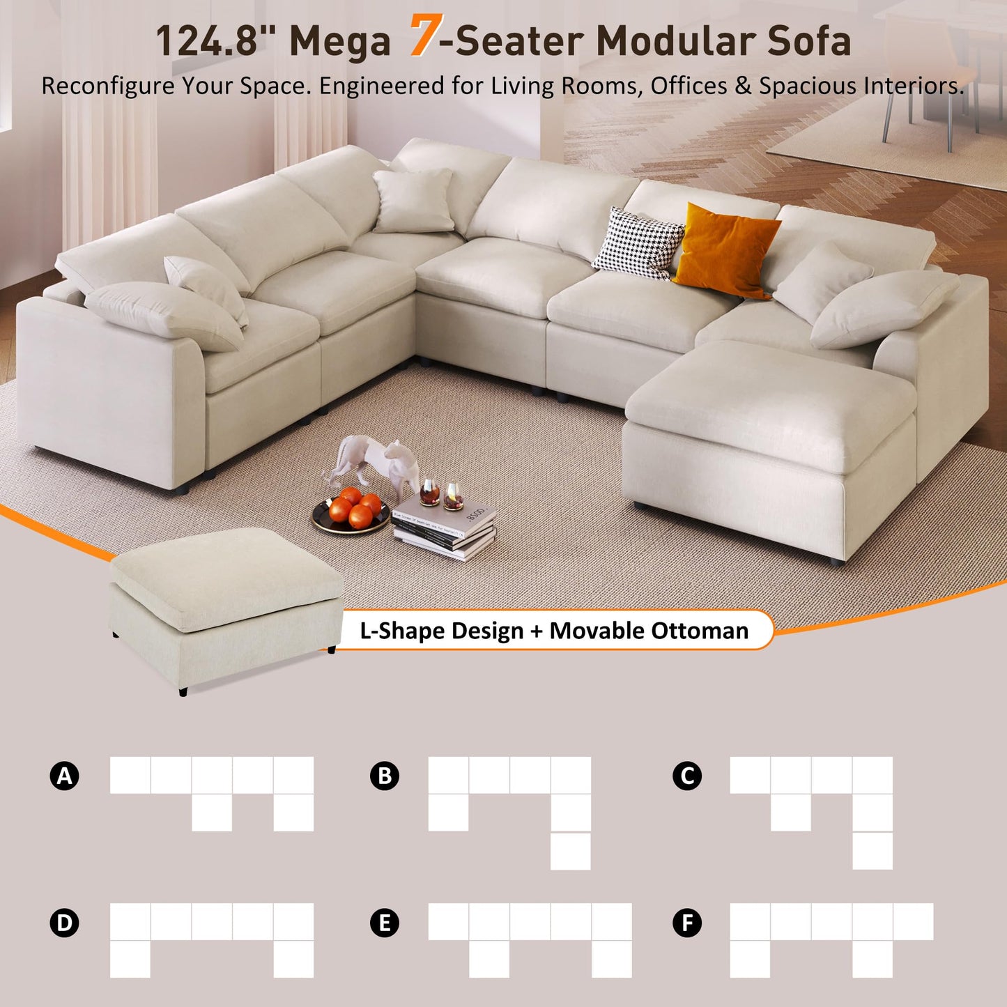 124.8" W Large Modular Sectional Sofa L Shaped Modern Couch with Ottoman, Deep Seat and Wide Chaise for Living Room, Beige