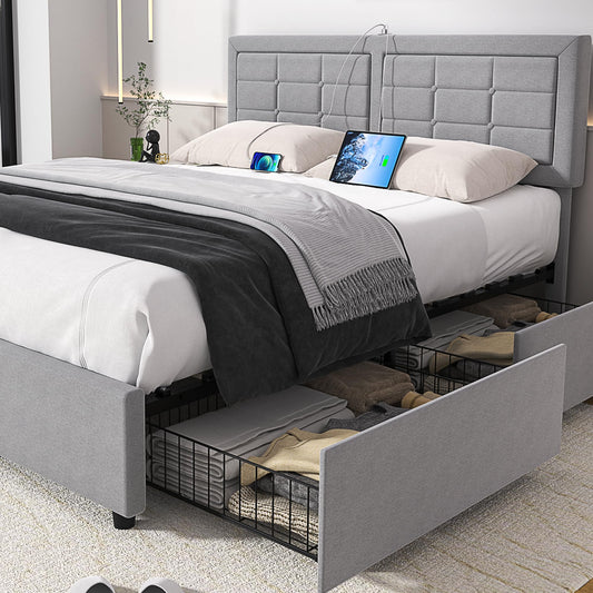 VECELO Queen Size Bed Frame with 4 Storage Drawers & Adjustable Headboard, Built-in Charging Station, Upholstered Bedframe with Wood Slats Support, Light Grey