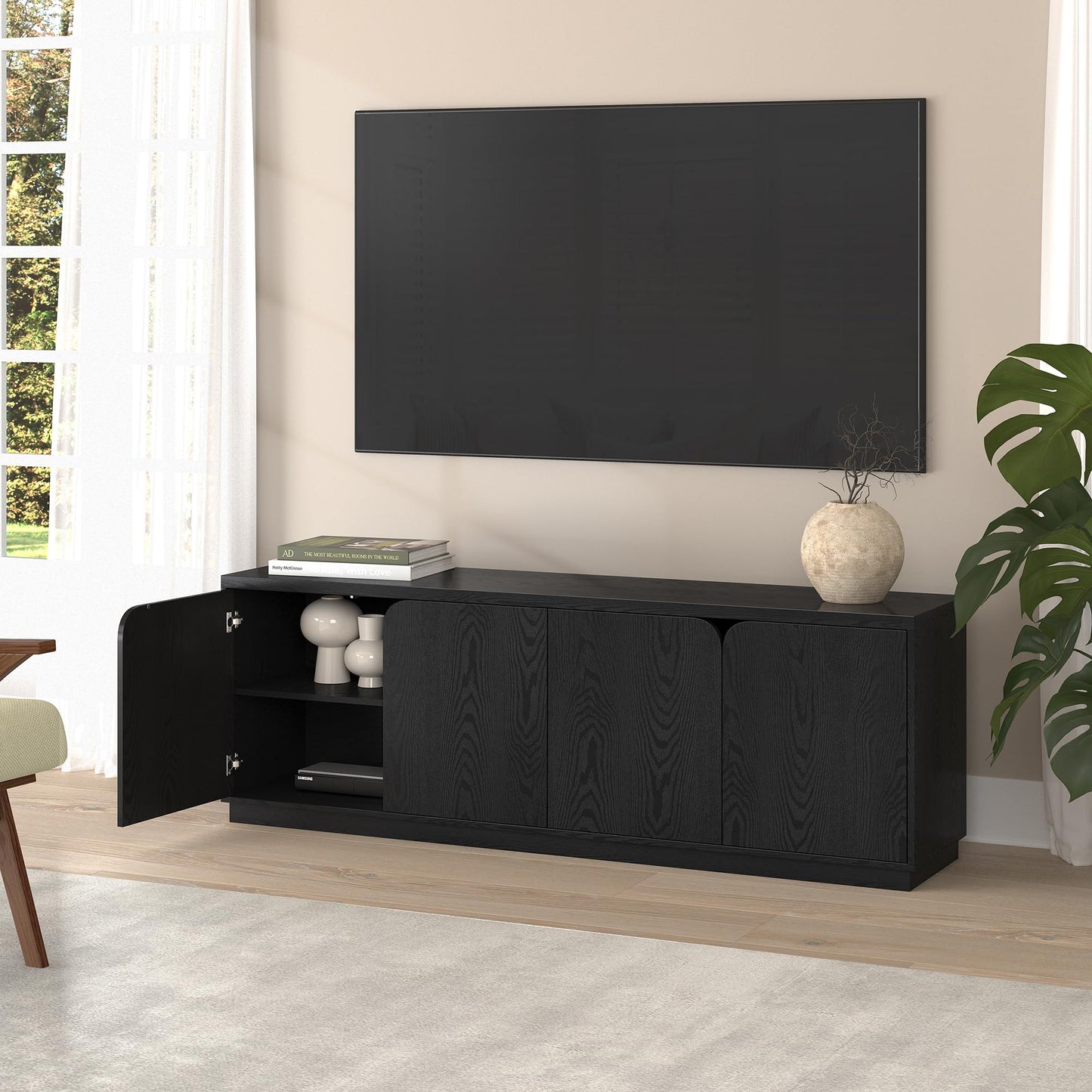 Henn&Hart TV Stand for TVs up to 78" with Concealed Storage Cabinets and Adjustable Shelves for Living Room, Family Room, or Office, Natural Black