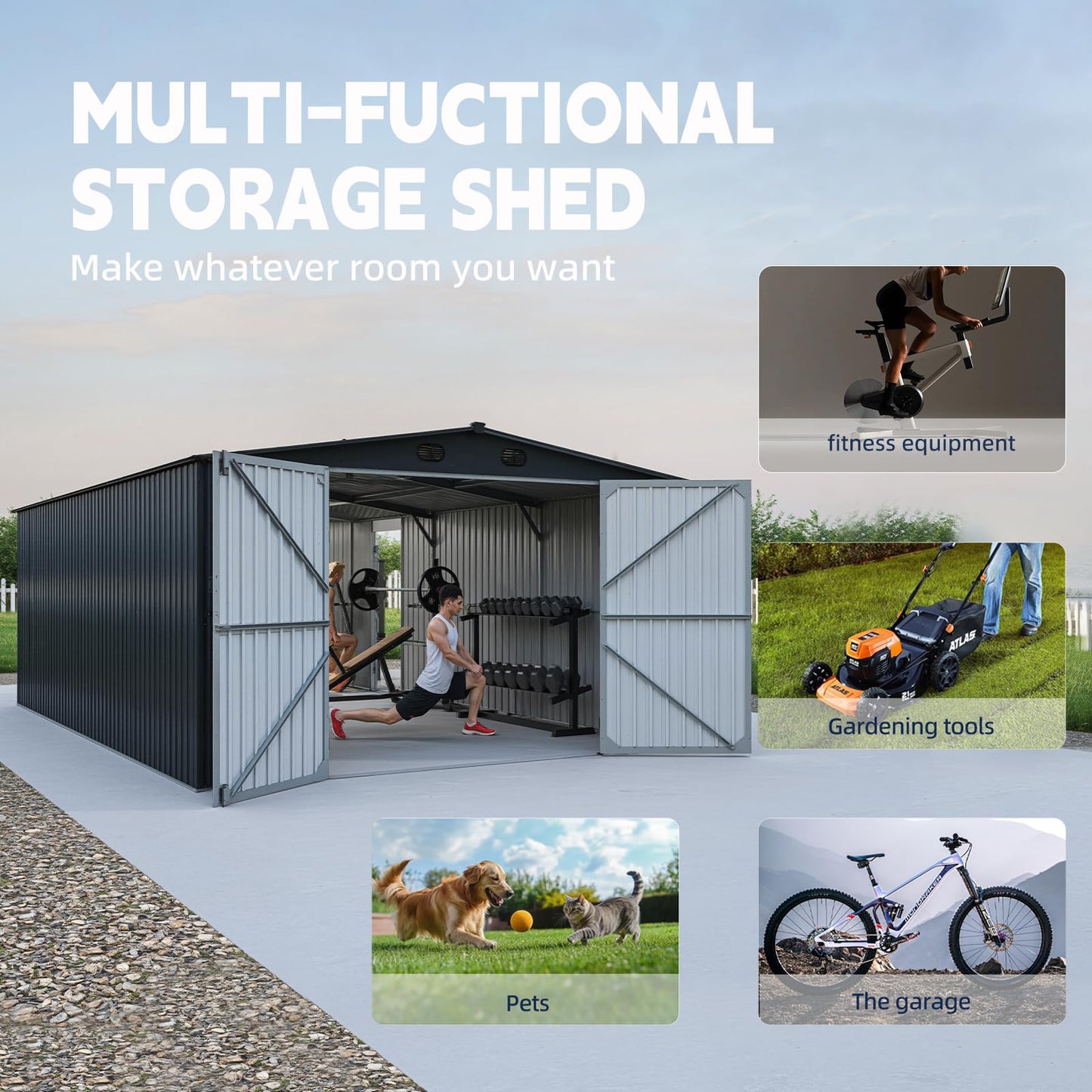 DIGMIGHT 13x20 ft Metal Garage Shed, Heavy-Duty Dark Grey Steel Outdoor Storage Building with Anti-Rust Coating for Workshop, Car, Lawn Equipment (13-20FT)