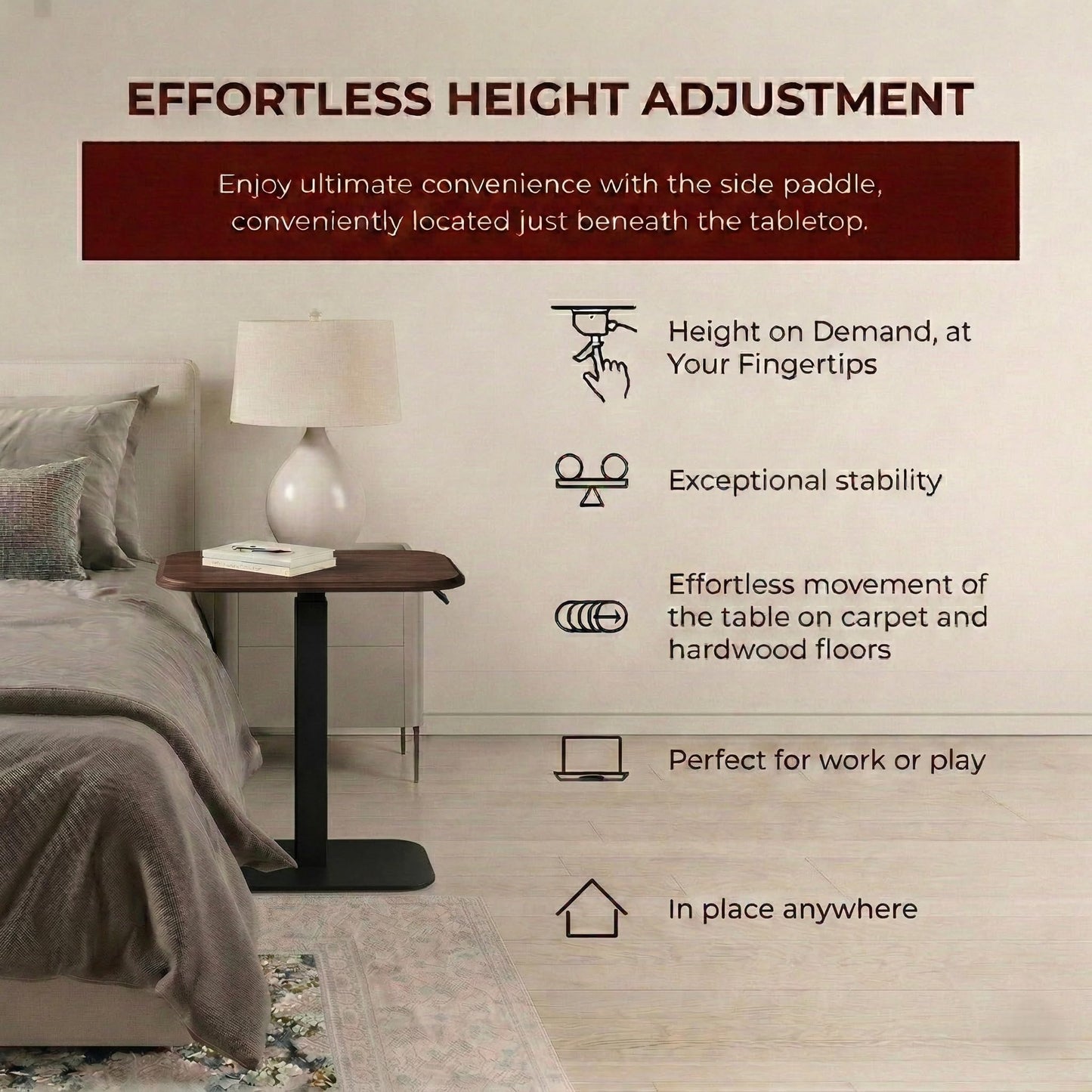 Ergohome Elevance Height Adjustable Side Table, Black Base, Walnut Top | Sofa Laptop Table for Couch & Bed | Small C-Shape End Table for Home or Office