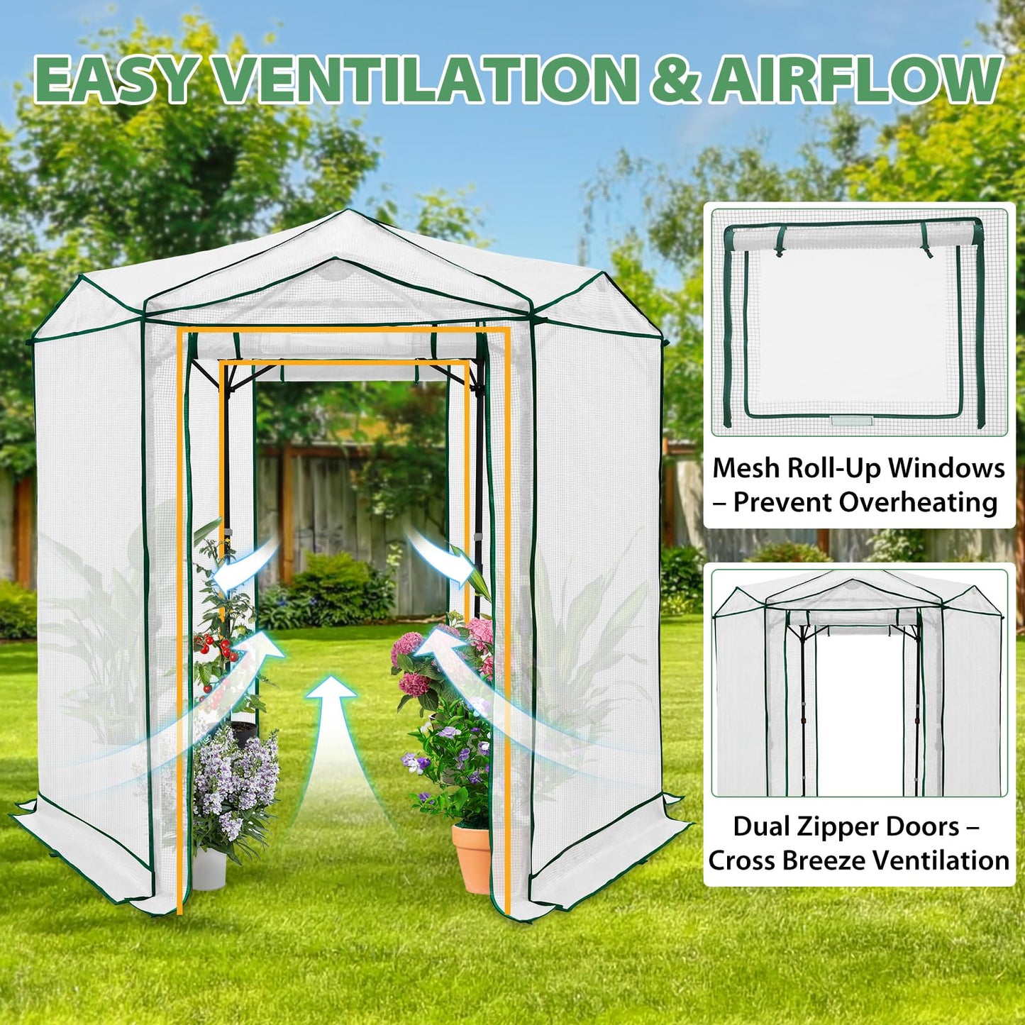 EAGLE PEAK 6.6x6.6 Portable Walk in Greenhouse, Pop Up Indoor Outdoor Greenhouse, Green House Kit with Zippered Roll-Up Doors and Windows, Hexagon Design, PE Cover, Clear/White