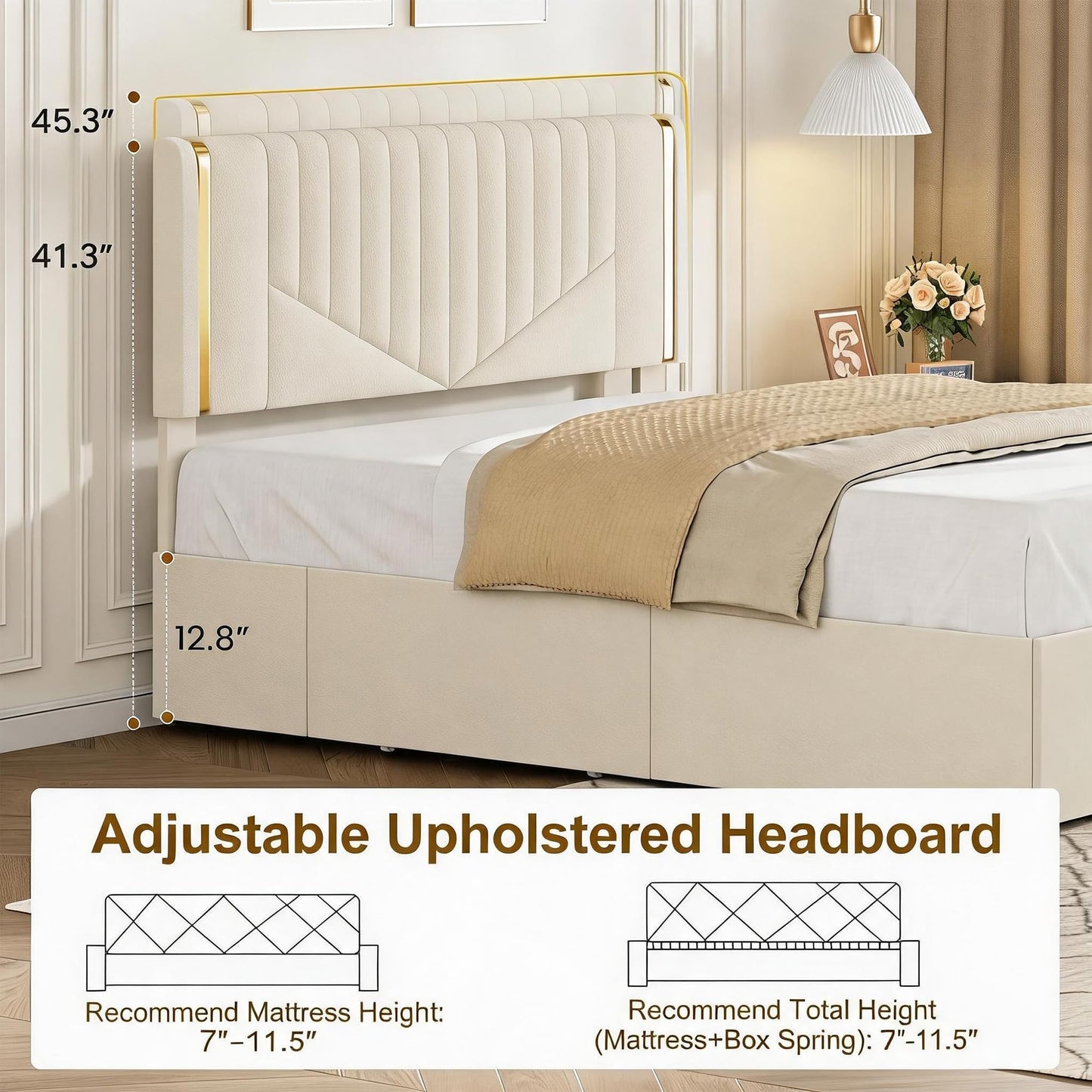 Garvee Upholstered Full Size Bed Frame with Adjustable Headboard, Luxury Golden Tufted Platform Bed with 4 Storage Drawers, Wooden Slats Support, No Box Spring Needed, Easy Assembly - Beige