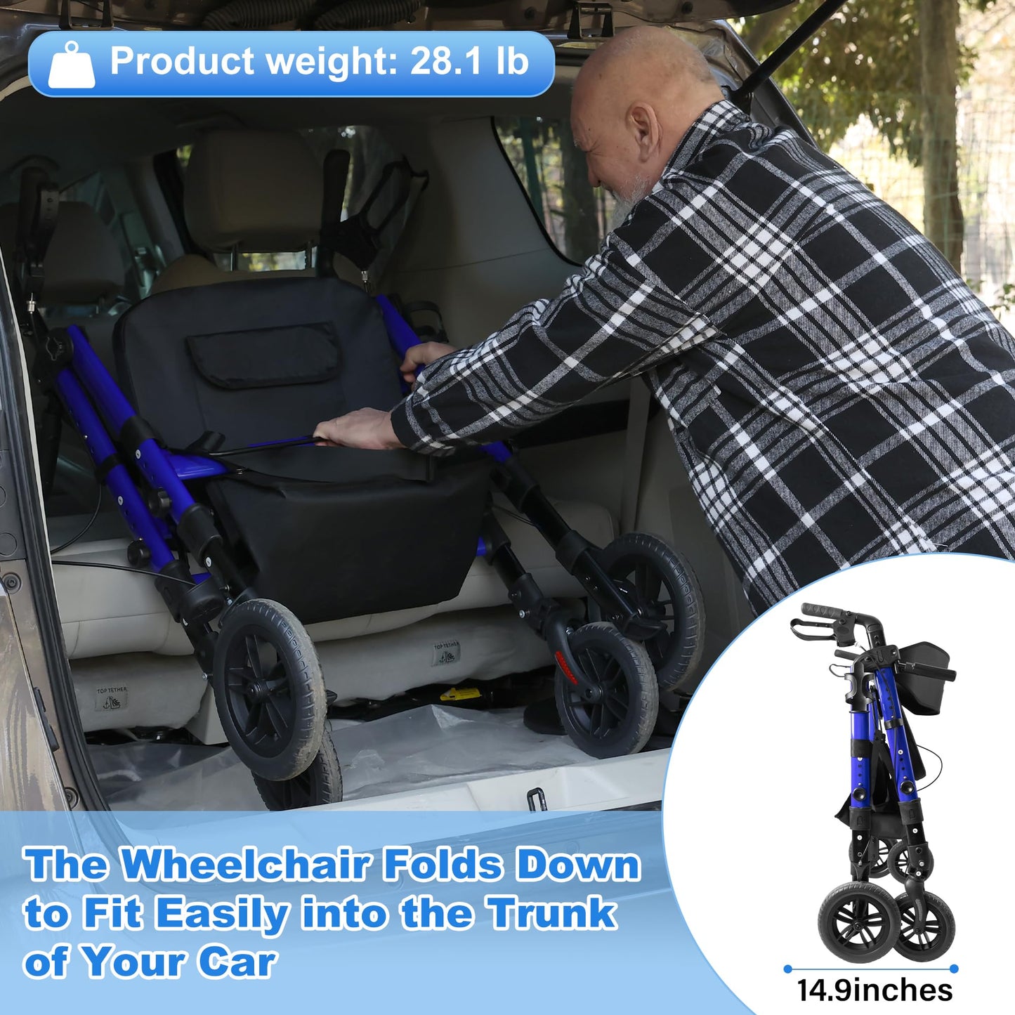 StrollAid Walkers for Seniors 2 in 1 Wheelchair Combo, 450 lb Foldable Rollator Transport Chair with Seat, Heavy Duty Rolling Walker 10" Wheels for All Terrain, Blue