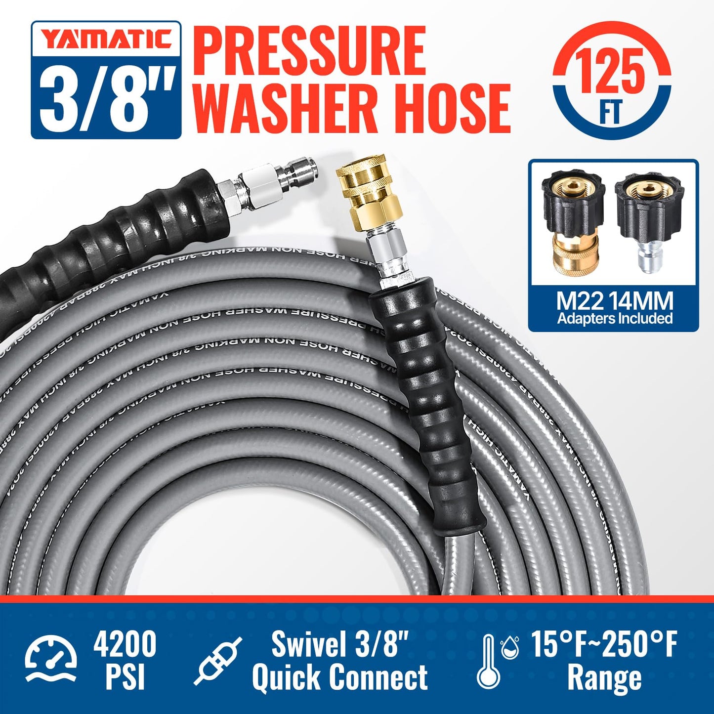 YAMATIC 3/8" Pressure Washer Hose 125 FT, 4200 PSI Working 13000 PSI Burst, 3/8" Swivel Quick Connects, 15°F to 250°F Hot & Cold Water Rubber Hose, Non-Marking Gray Jacket, M22 14mm Adapters Included