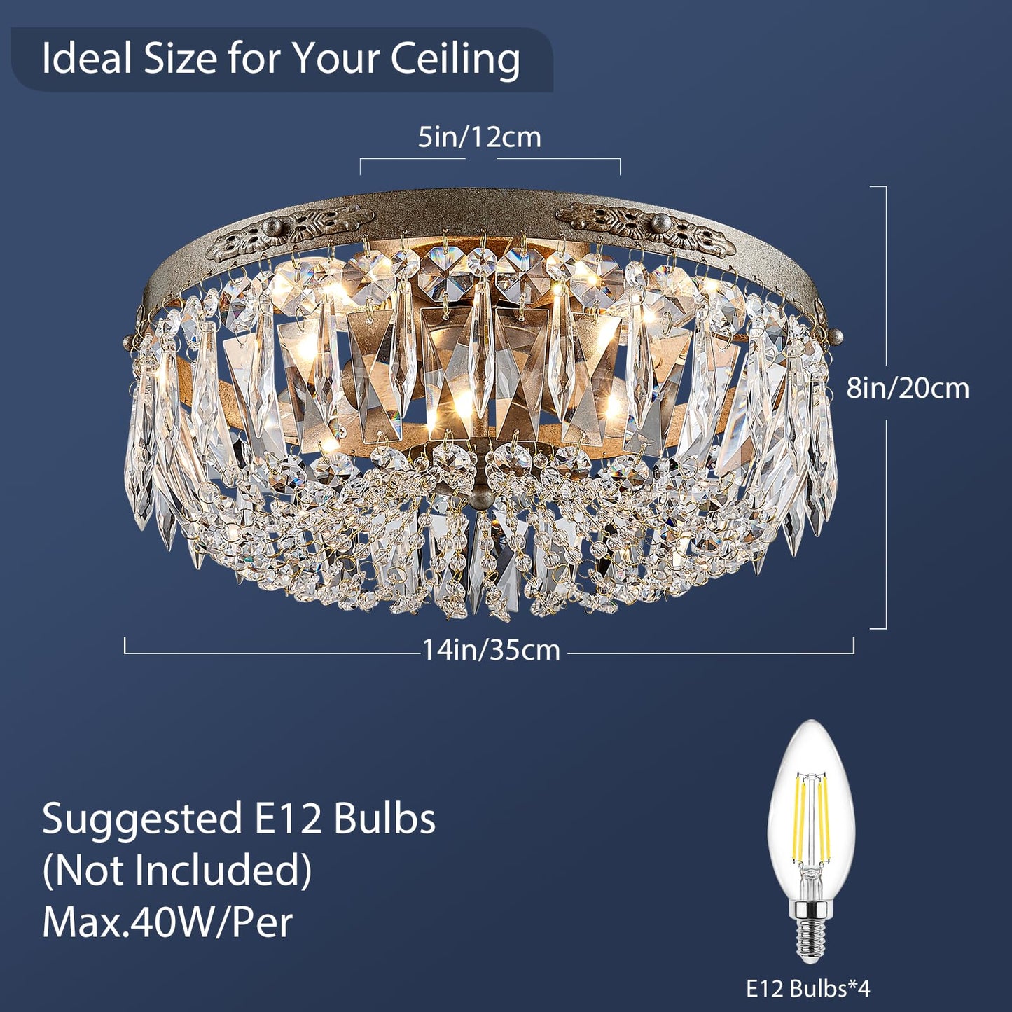 Bestier Antique Silver Semi Flush Mount Chandelier Lighting for Dining Room, 4 E12 Bulbs Required, D14in x H8in