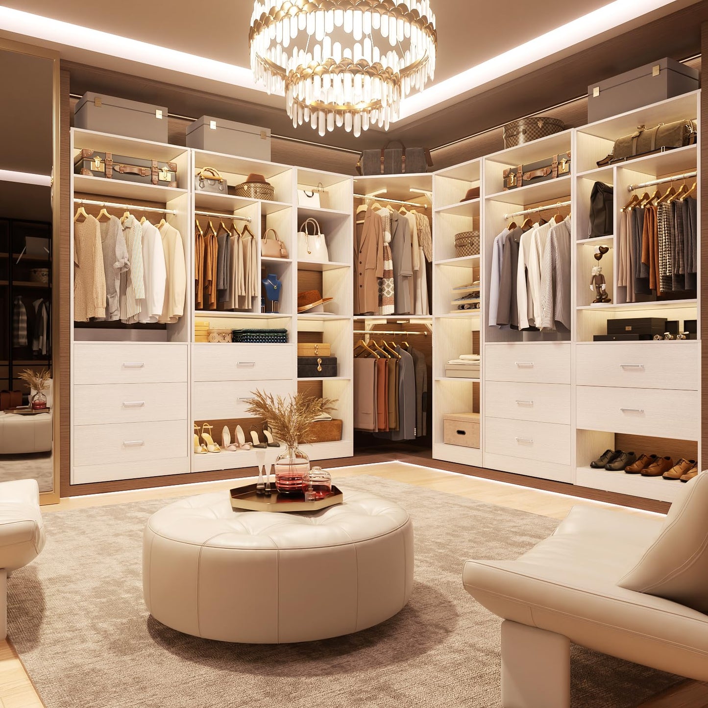 Besiost Corner Closet System with 12 Shelves, 39.2" Corner Closet Organizer System with 2 Hanging Rods, Versatile 6-Tier Walk-in Closets for Corner Space, White (39.2" L x 39.2" W x 80" H)