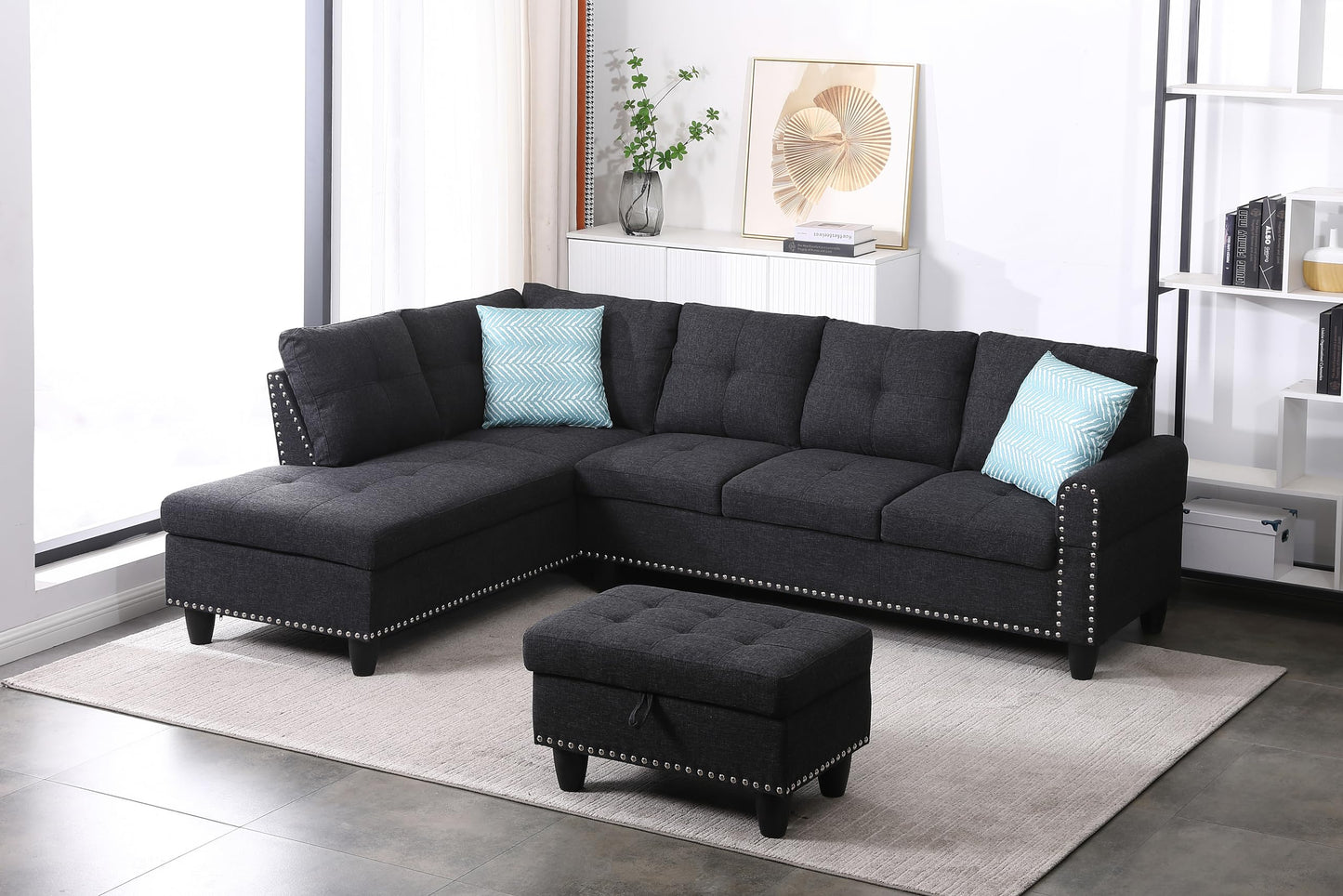Favfurish 98" Left Hand Facing Sofa with Ottoman and Manufactured Wood Frame,L-Shaped Design Sectional Chaise W/Rounded Arms & Nailhead Trim,for Living Room,Office,Apartment,Charcoal Grey