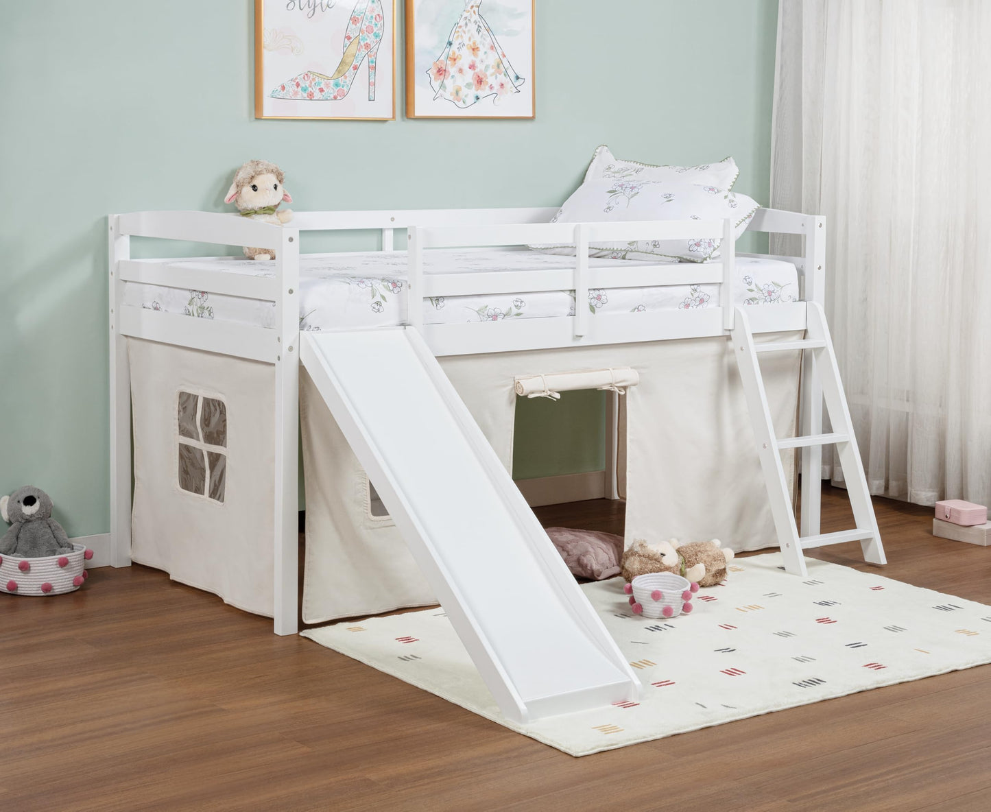 Spirich Kids Loft Bed with Slide and Ladder, Solid Wood Twin Loft Bed Frames with Curtains, Low Loft Bed with Bed Tent, No Box Spring Needed, White