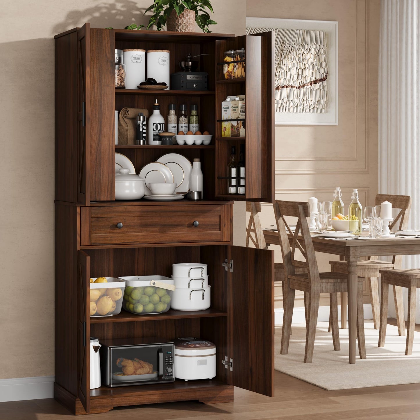 Garvee 71" Kitchen Pantry Cabinet, Barn Door Freestanding Cupboard with Drawer, Sliding Storage Rack, and 6 Hanging Shelves for Kitchen, Dining Room, Living Room Bedroom