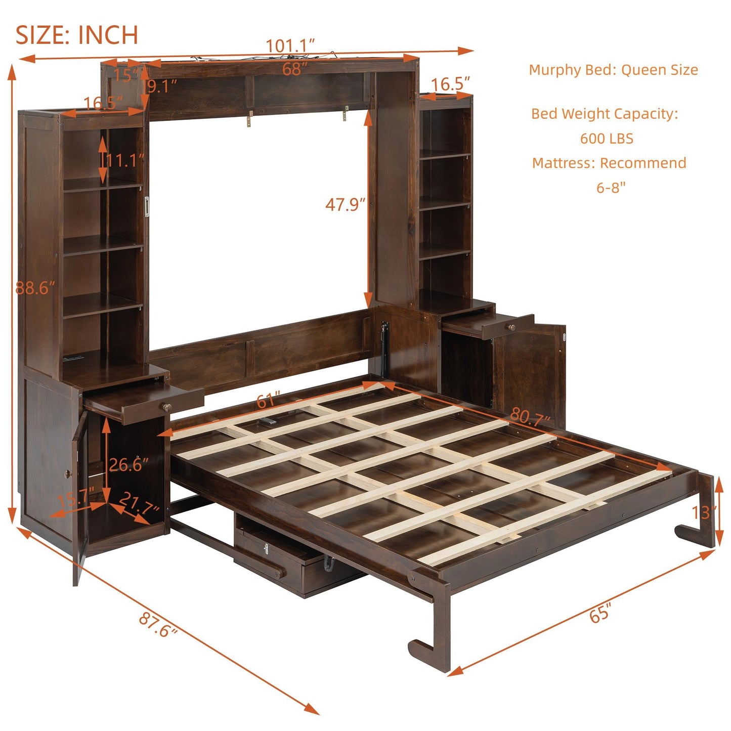 Merax Queen Size Murphy Bed with Desk and LED Lights, Power Outlet, Foldable Murphy Cabinet Bed with Open Storage Shelves & Drawers, Wood Space-Saving Hidden Wall Bed for Guest Room, Dark-Brown