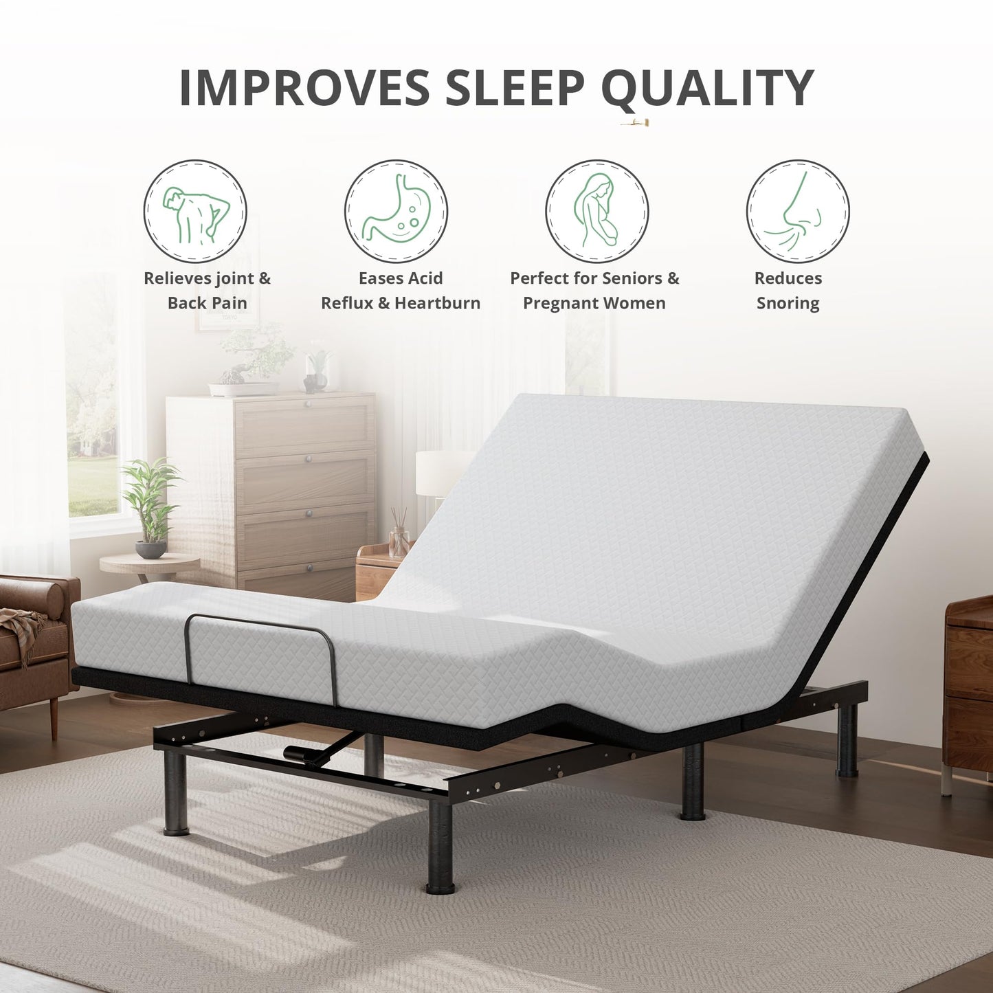 Emerspring Twin XL Adjustable Bed Base Frame and 12 inch Green Tea Memory Foam Mattress, Electric Bed Base Wireless Remote, Zero Gravity Bed, Head and Foot Incline, Anti-Snore,Easy Assembly