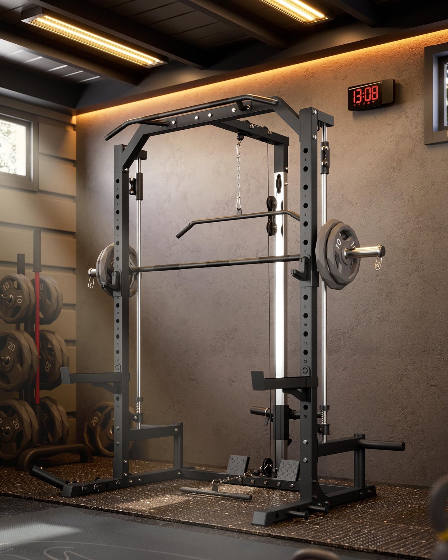 GarveeLife Smith Machine Home Gym with Barbell Bar, Cable System, LAT Pulldown Attachments, Safety Spotter Arms, J Hooks, Landmine, Multi-Functional Squat Rack for Full Body Strength Training