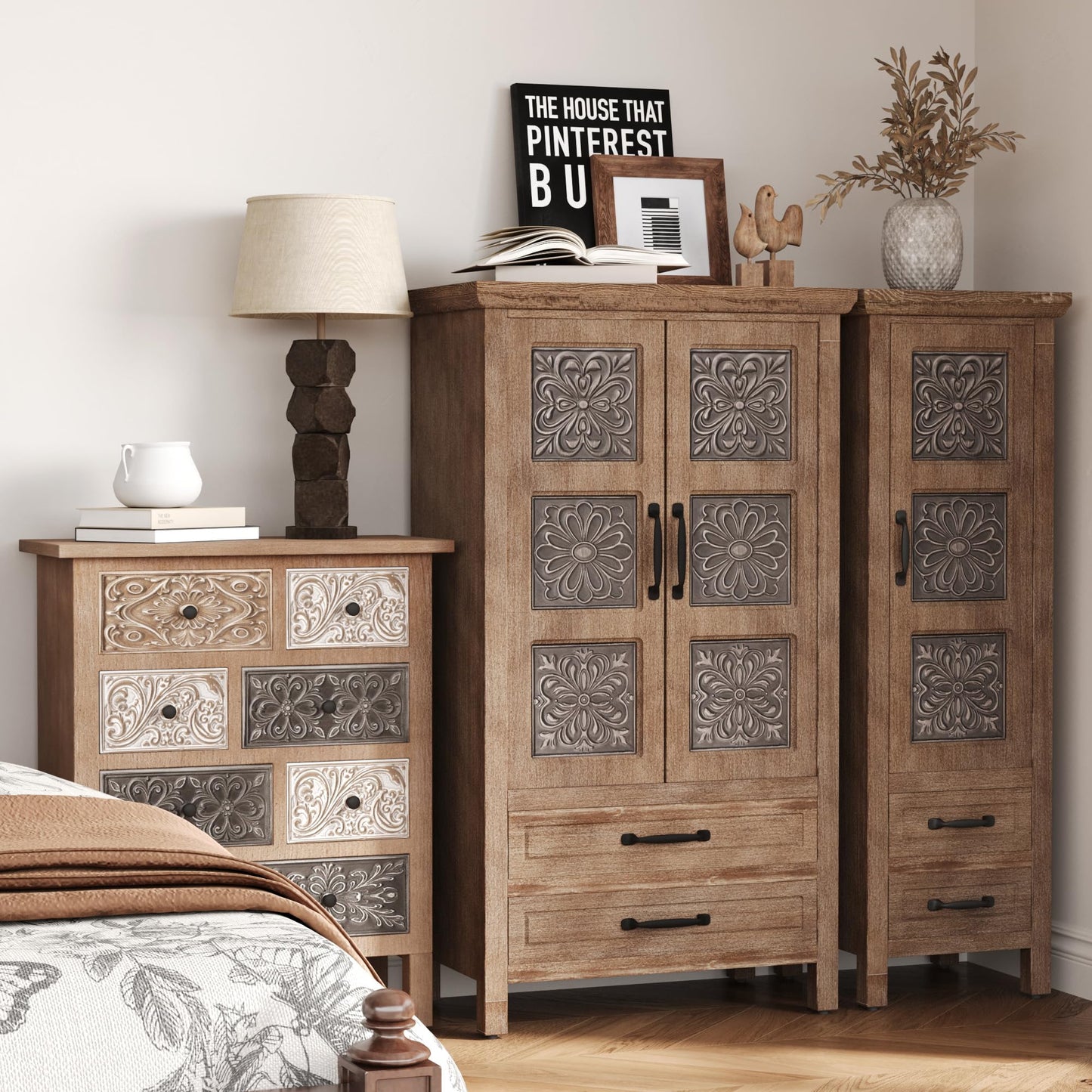 COSIEST 48" Narrow Farmhouse Accent Cabinet, Rustic Wood Storage Tower with 1 Door, 2 Drawers & Adjustable Shelves, Embossed Metal Panel Chest for Small Spaces, Hallway, Kitchen