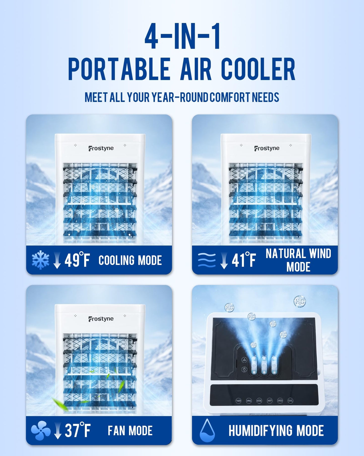 Frostyne Portable Evaporative Air Cooler w/Humidifier – 3Ga Water Tank, 10 Ice Packs, 6 Speeds & 4 Modes, Timer & Remote, Windowless Portable Fan for Bedroom, Home, Office,Black
