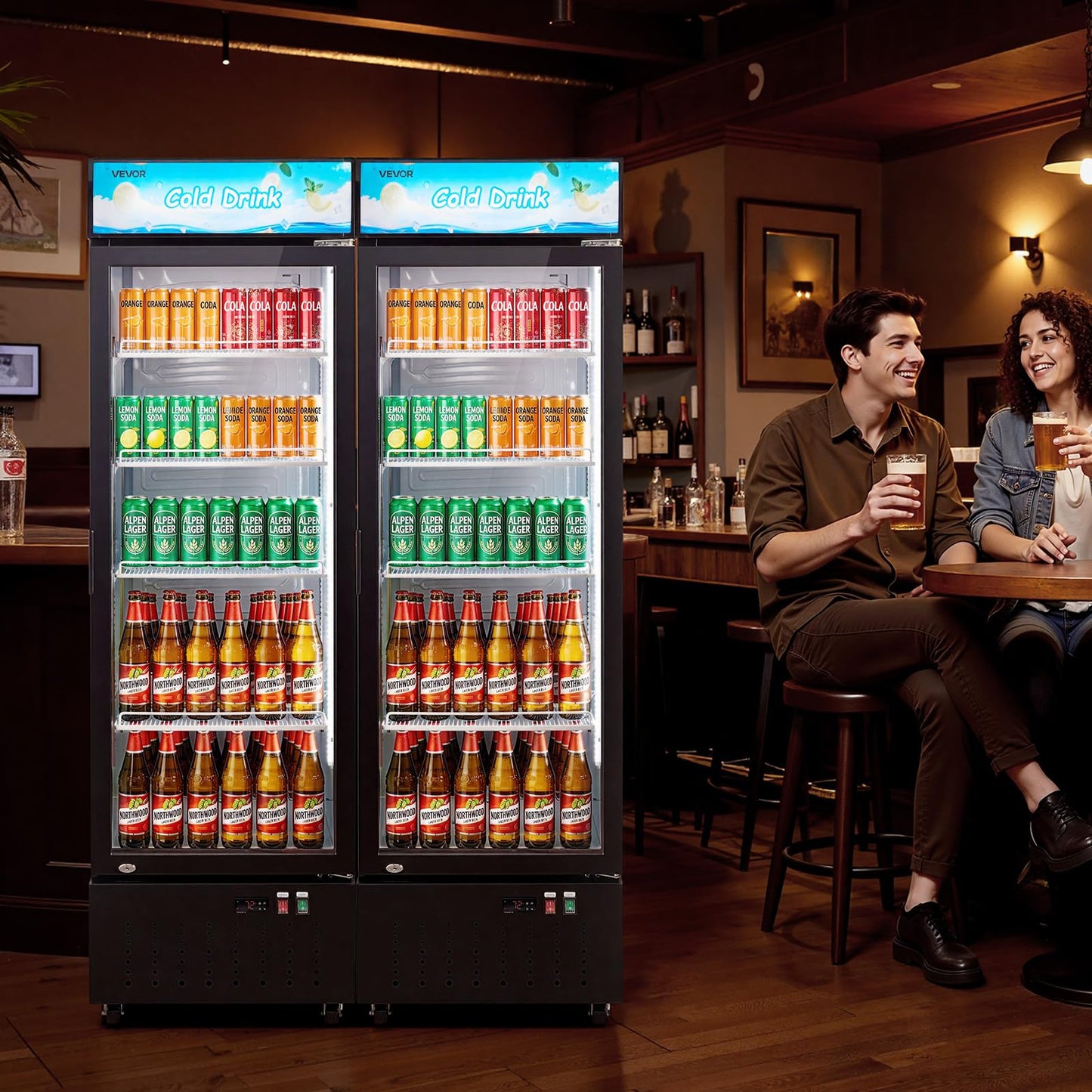 VEVOR Commercial Merchandiser Refrigerator, 12.7 Cu.Ft / 360 L Glass Door Display Refrigerator, Upright Beverage Cooler with Customizable Lightbox, 4 Adjustable Shelves & Soft LED Light for Home Shops