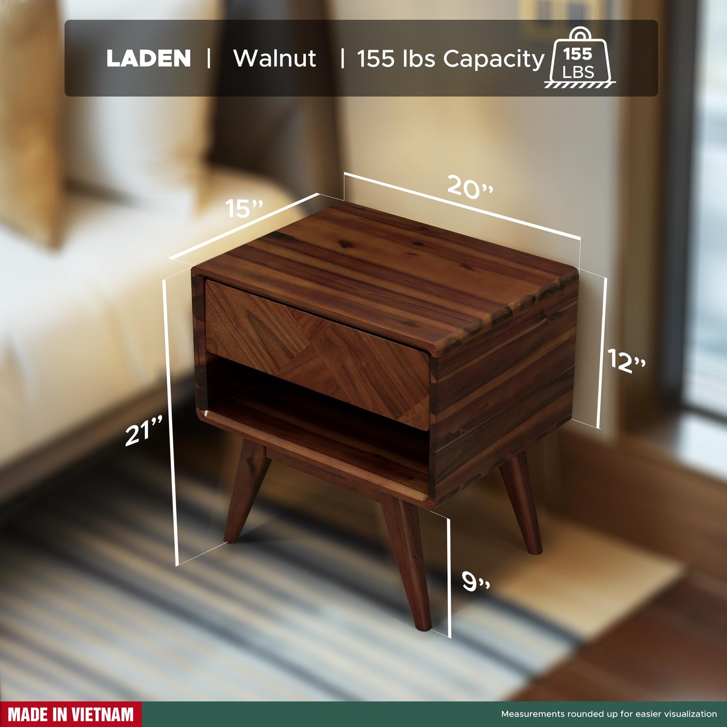 RORNS Laden Solid Acacia Wood Nightstand with Storage Drawer, Mid-Century Modern Art Deco Design, End Table for Bedroom & Living Room, Scratch & Water-Resistant, Easy Assembly, Walnut