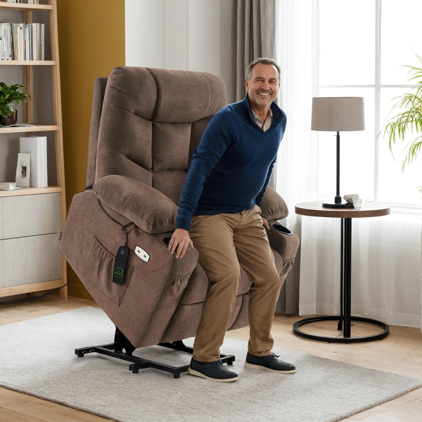 MCombo Power Lift Recliner Chair with Extended Footrest for Elderly People, Fabric 7287 (Brown, Medium)