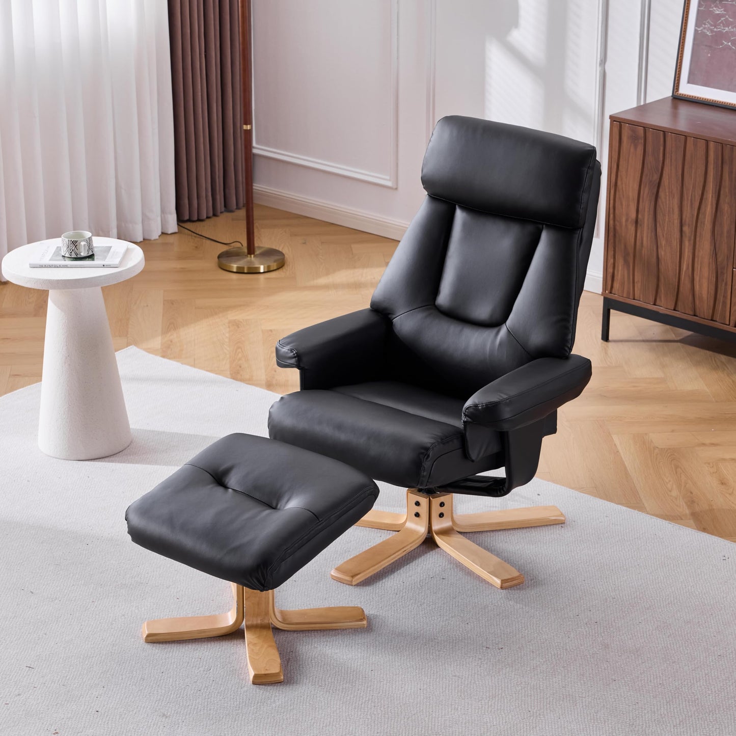 KEIKI 360 Degree Swivel Accent Chair, PU Leather Heated Massage Chair with Ottoman， Ergonomic Seat for Living Room, Lounge, Office, Black