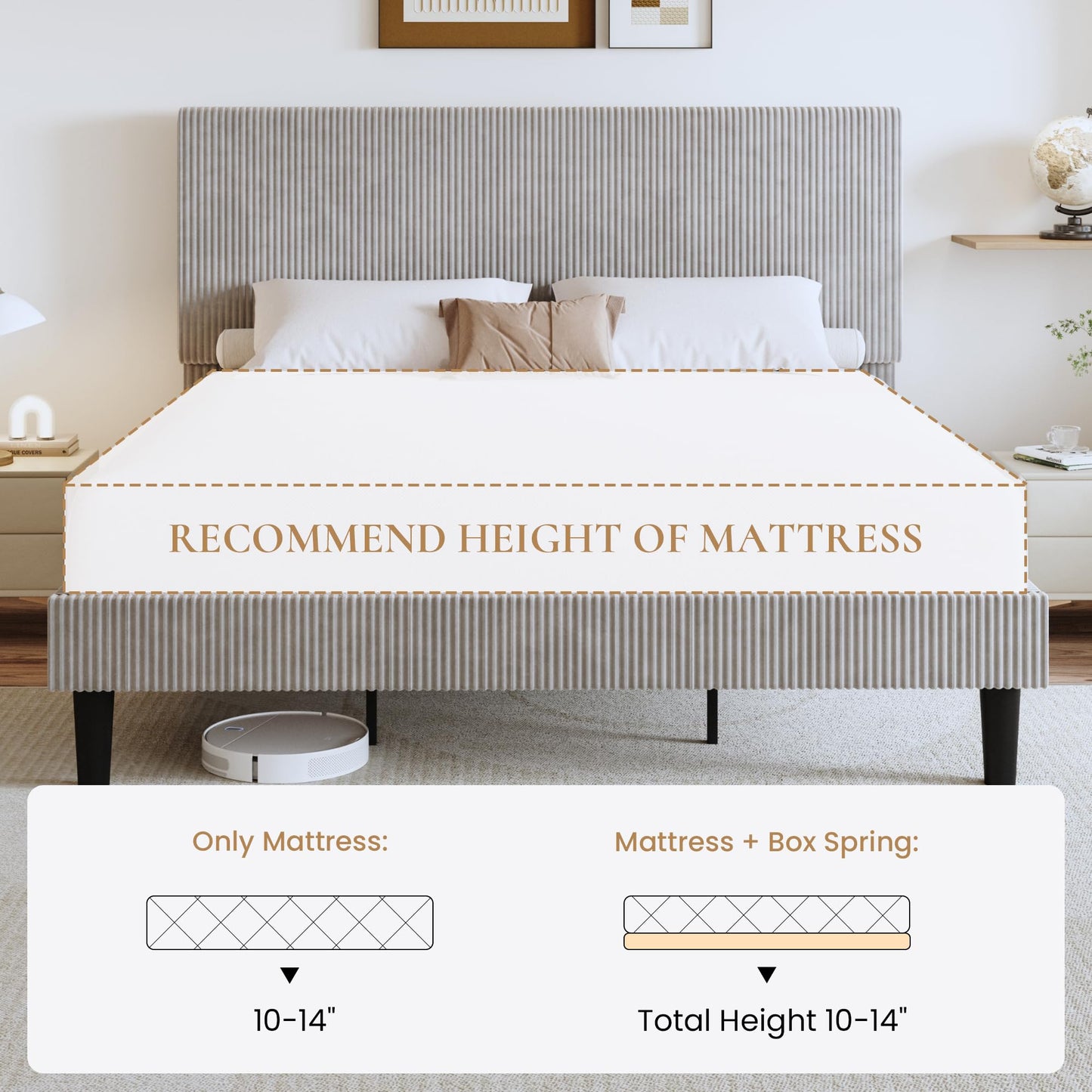 SHA CERLIN King Bed Frame, Velvet Platform Bed Frame with Vertical Channel Tufted Headboard, Upholstered Corduroy, Strong Wooden Slats, No Box Spring Needed, Easy Assembly, Light Grey