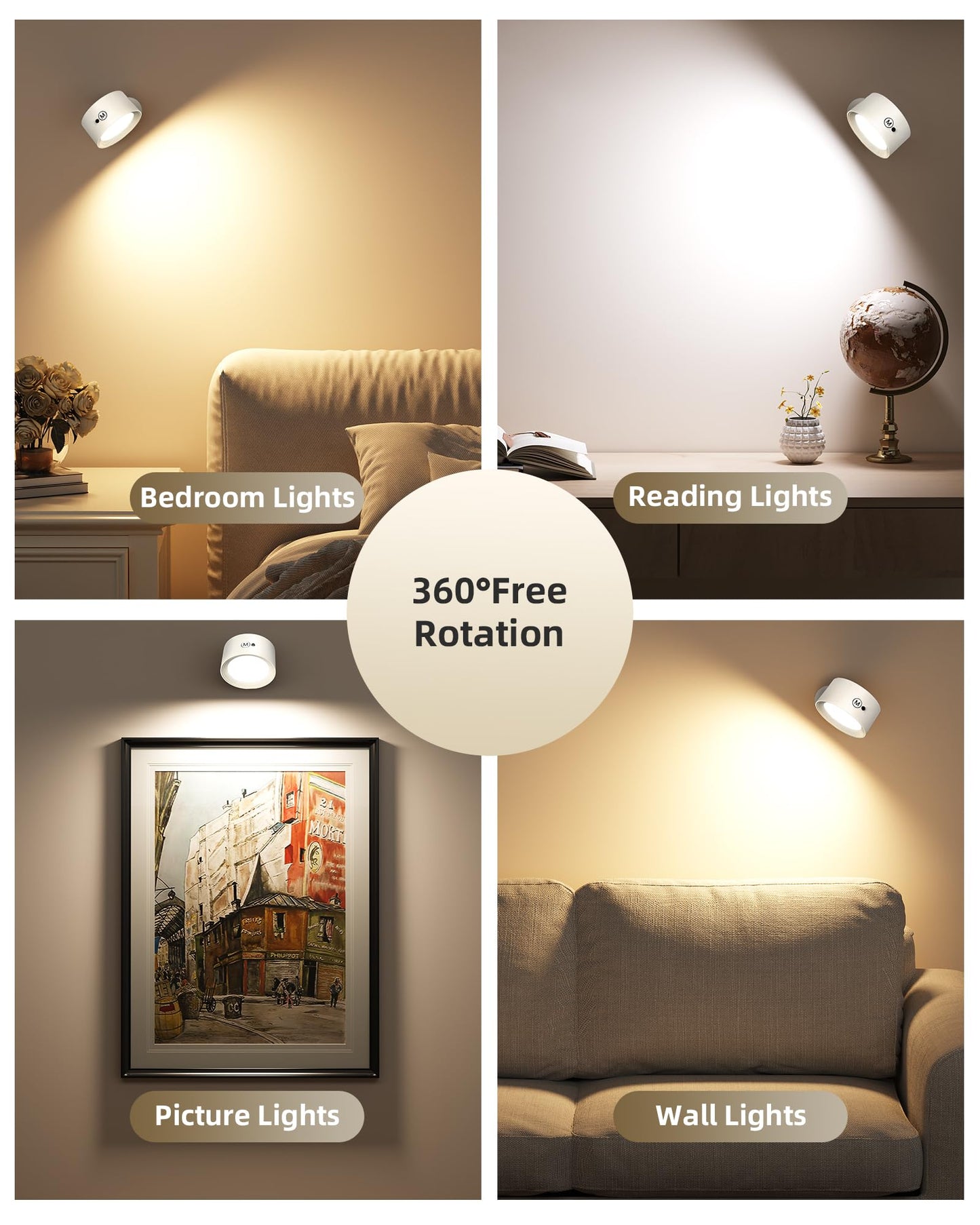 AMETHEUS LED Wall Mounted Lights, Rechargeable, 3 Color Temps, 360? Rotation, Dimmable, 2 Pack, White, Model WL02