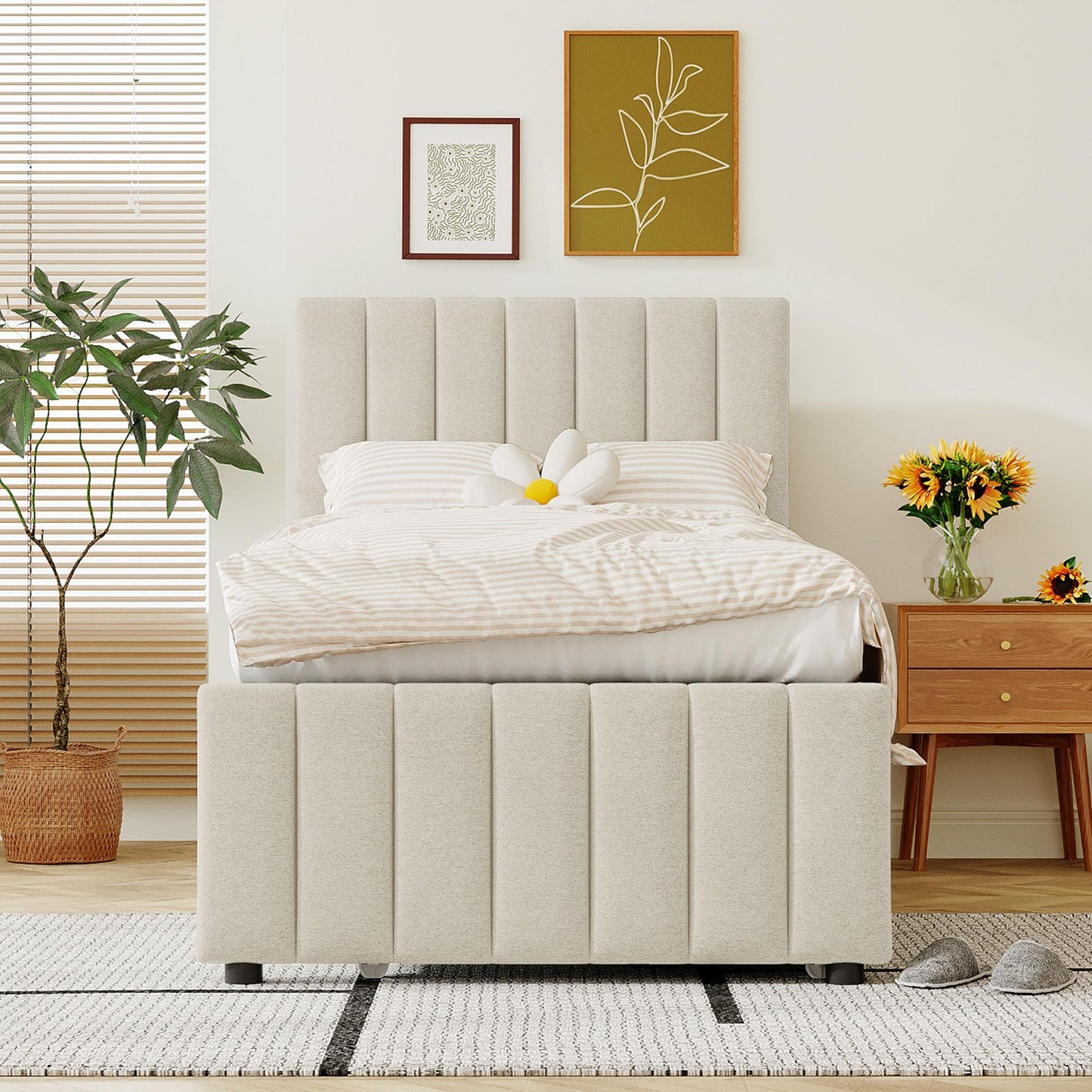 GDFStudio Twin Size Upholstered Platform Bed with Trundle and 3 Storage Drawers, Linen Fabric Bed Frame with Stripe Headboard and Wood Slat Support, Beige