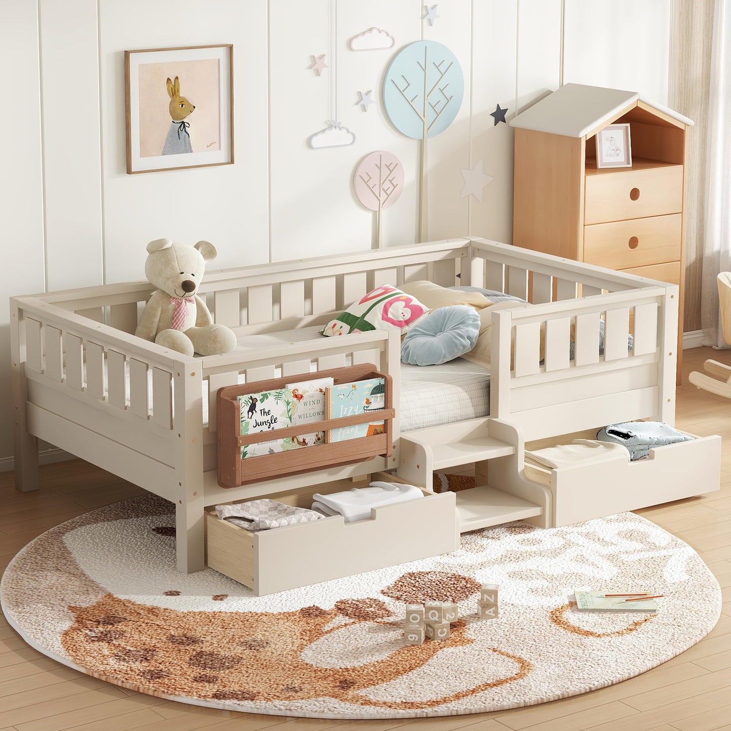Bellemave Twin Bed with Slats and Stairs, Twin Size Platform Bed Frame with Fence, Bookshelf and Storage Drawers, Easy Assemble Beds for Kids, Girls, Boys, Beige